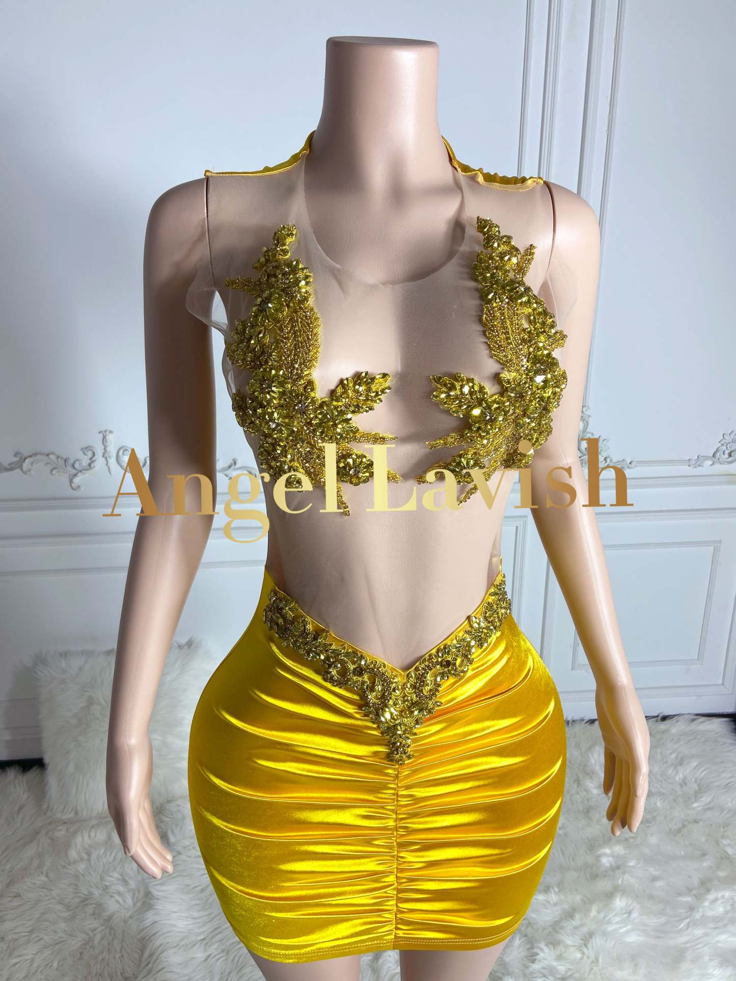 See Though Gold Ruched Mini Dress