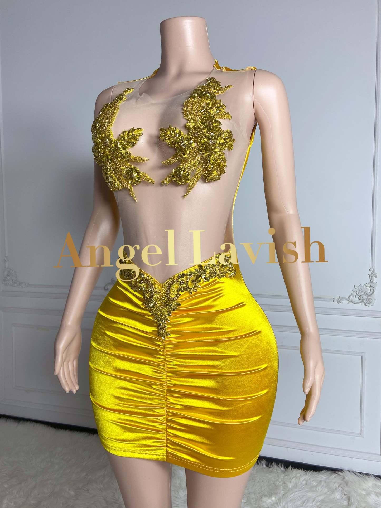 See Though Gold Ruched Mini Dress