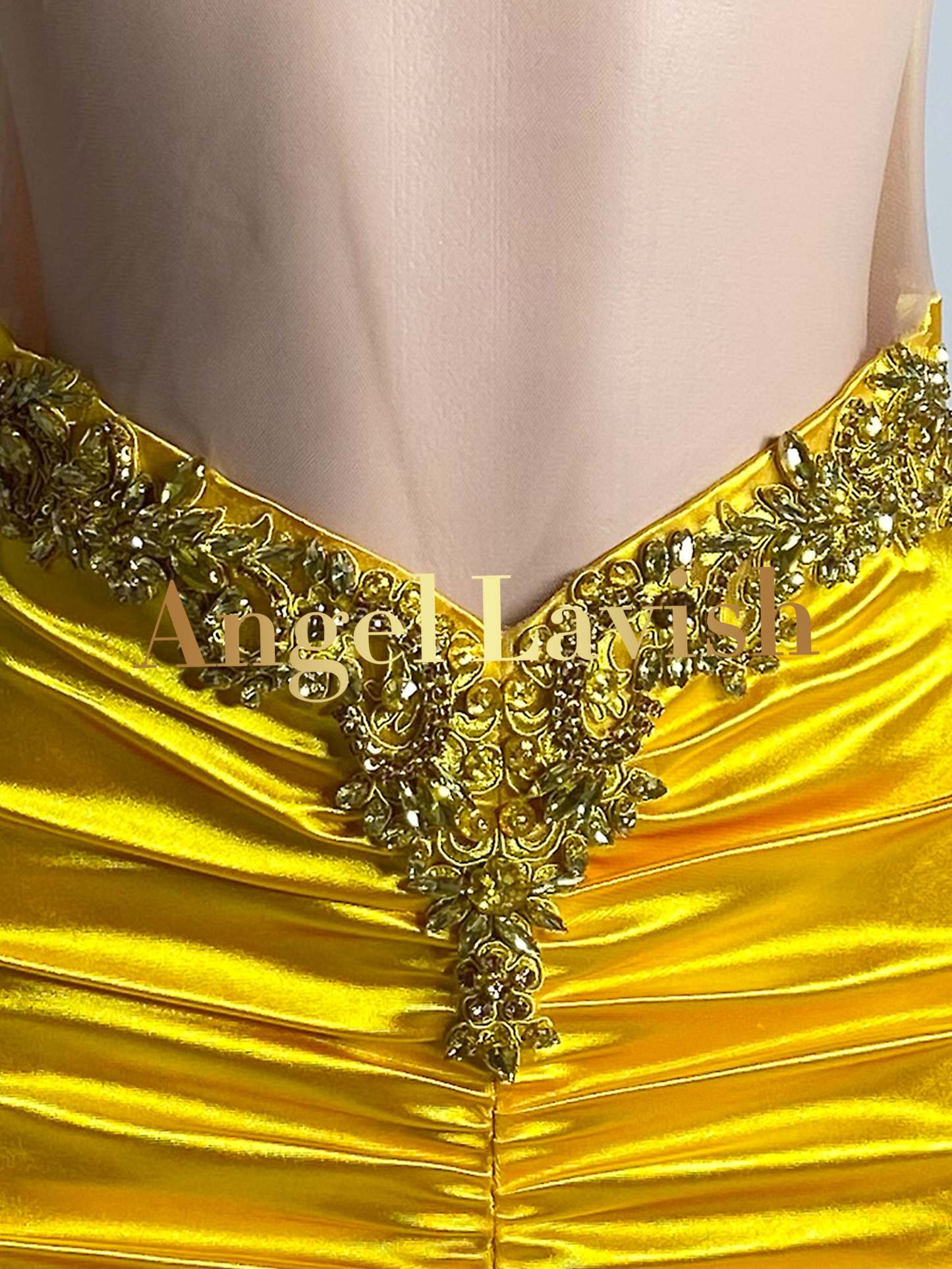 See Though Gold Ruched Mini Dress