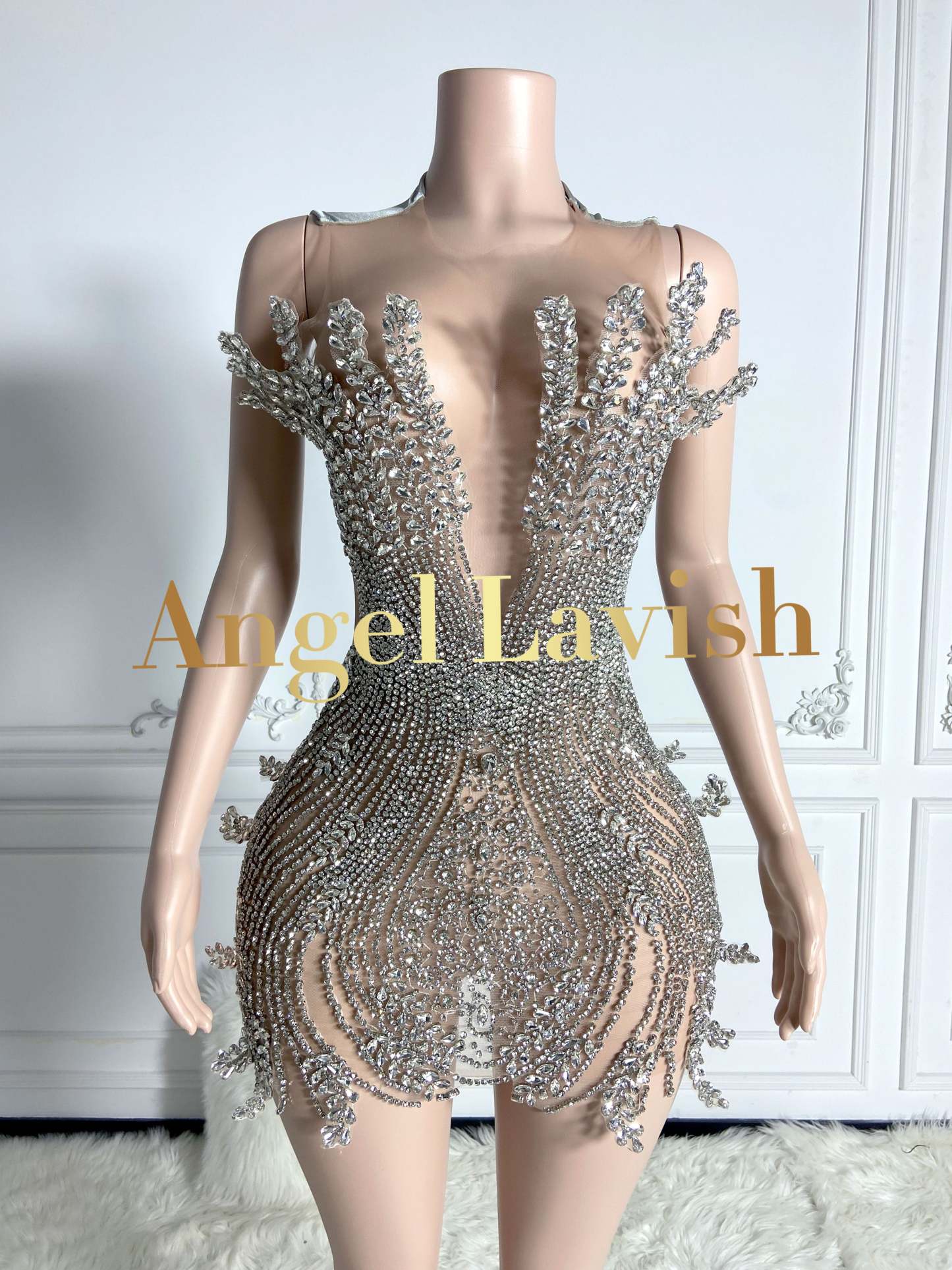 Sliver Sheer V Neck Mini Rhinestone Dress