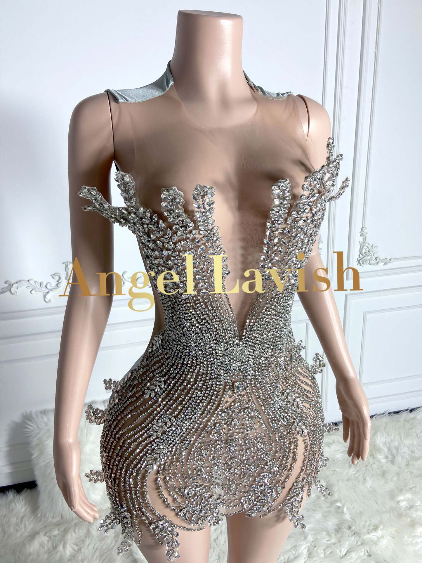 Sliver Sheer V Neck Mini Rhinestone Dress