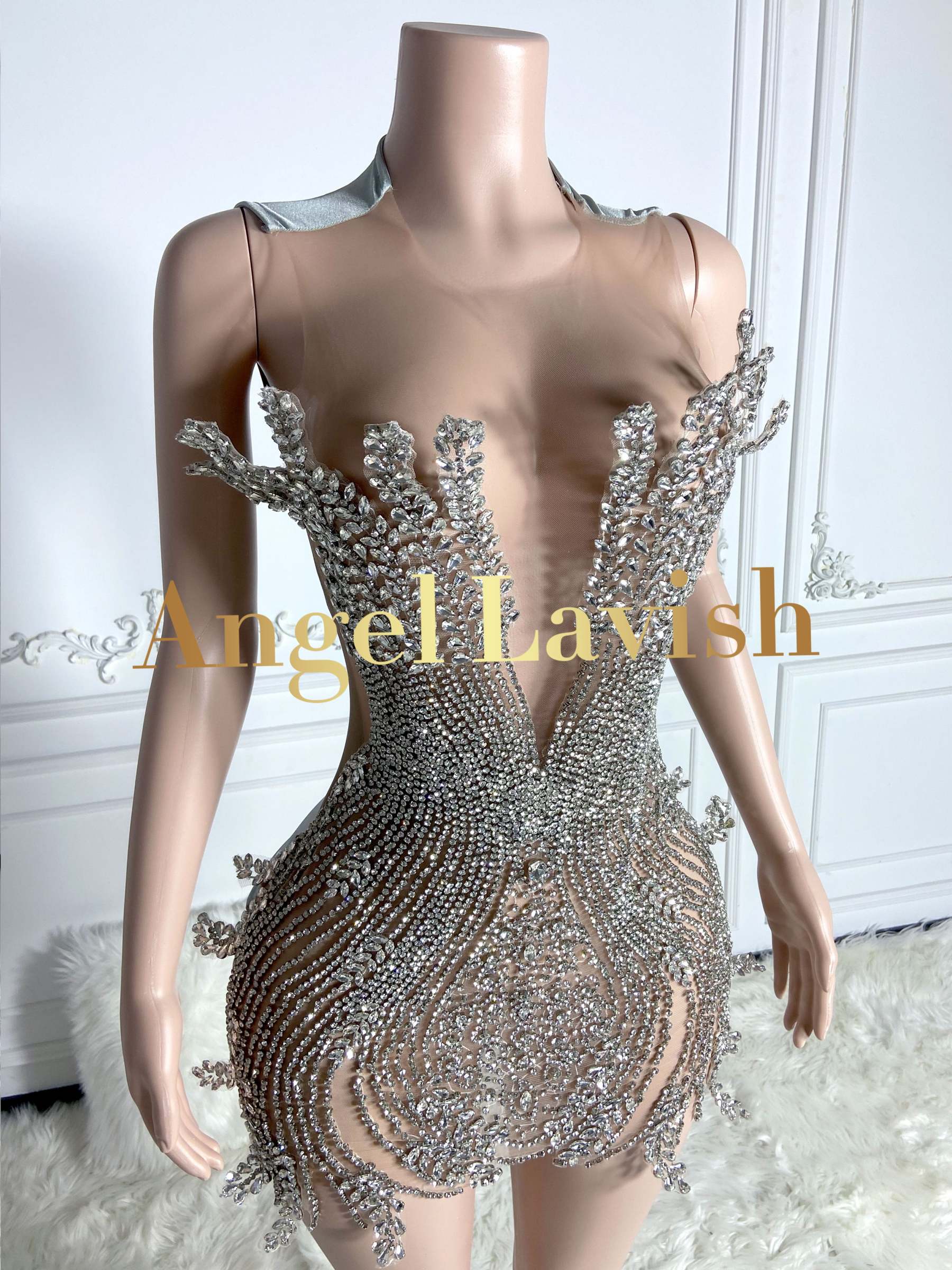 Sliver Sheer V Neck Mini Rhinestone Dress