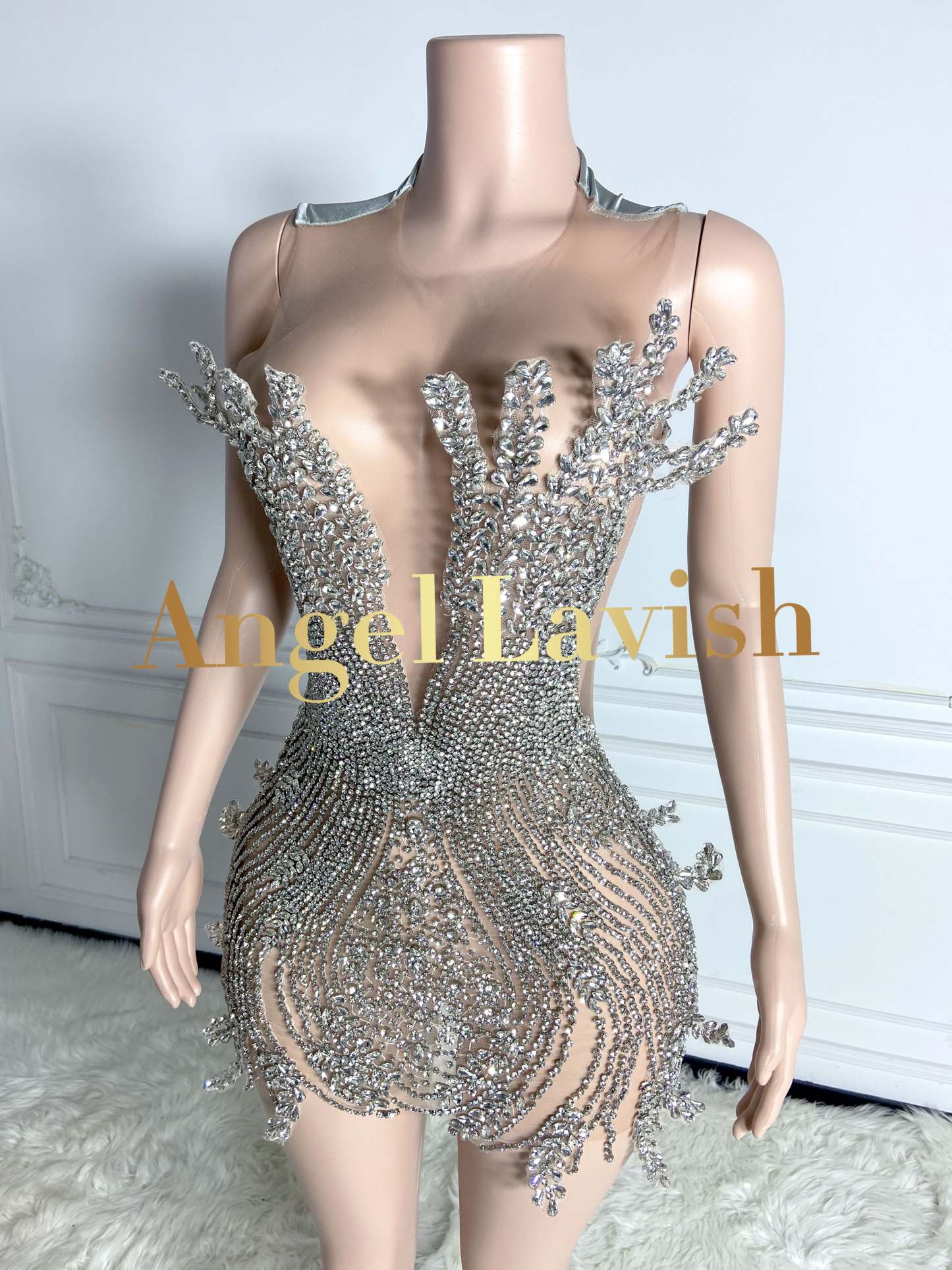 Sliver Sheer V Neck Mini Rhinestone Dress