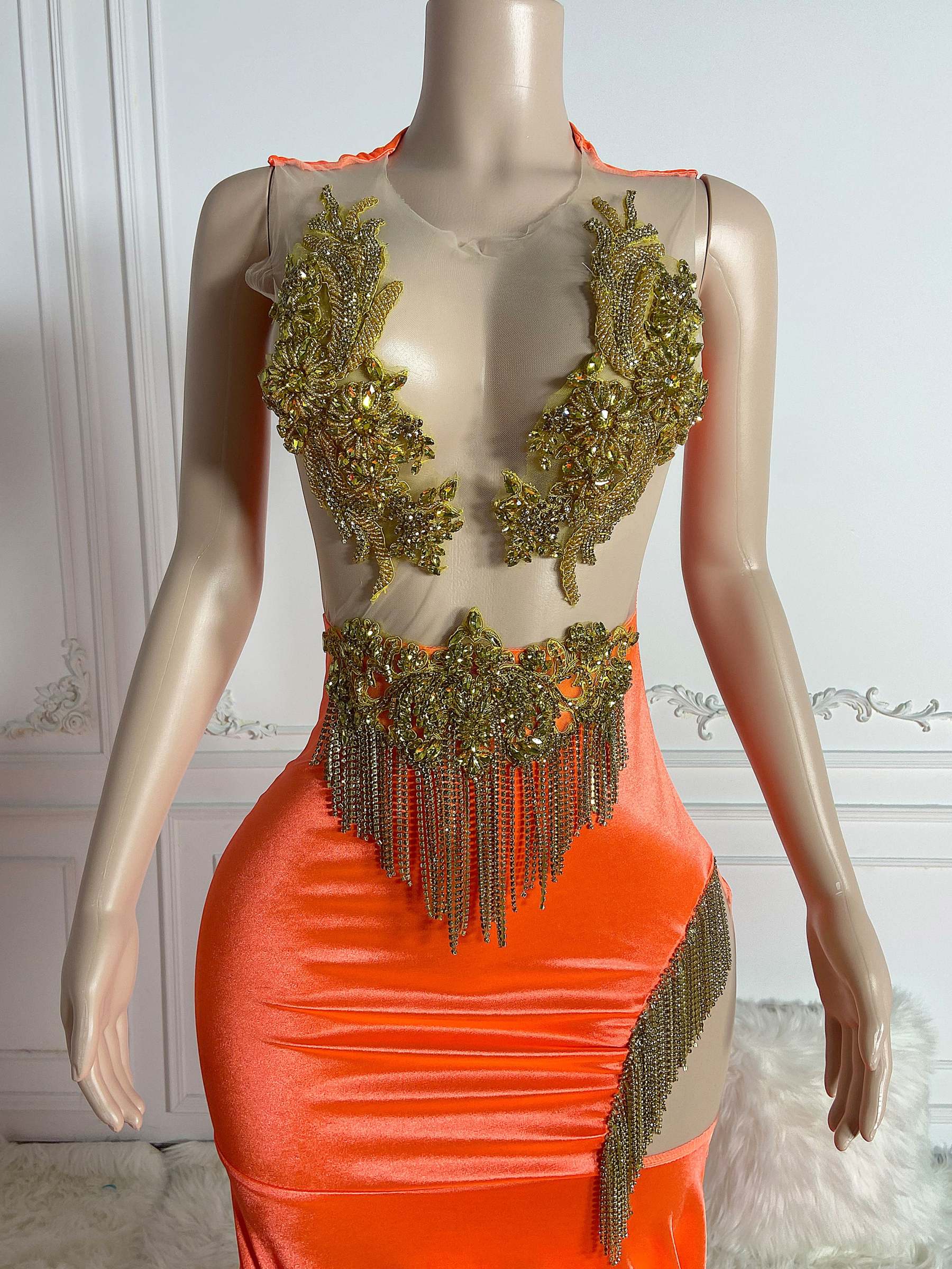 Orange Rhinestone Links Gown