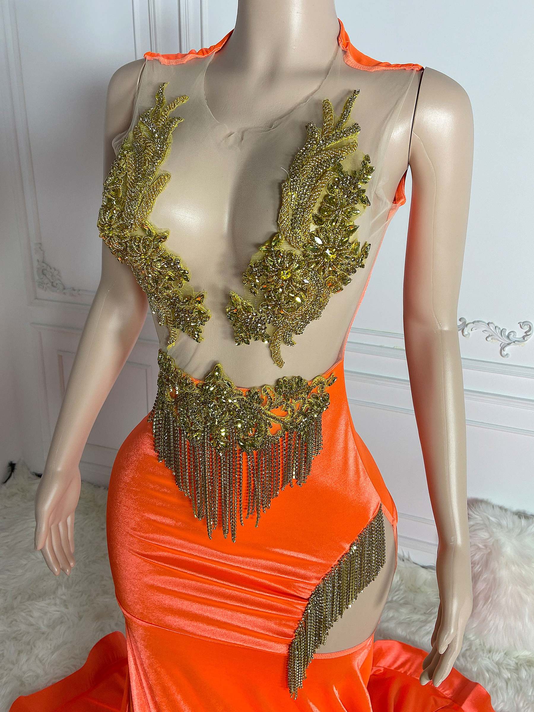 Orange Rhinestone Links Gown