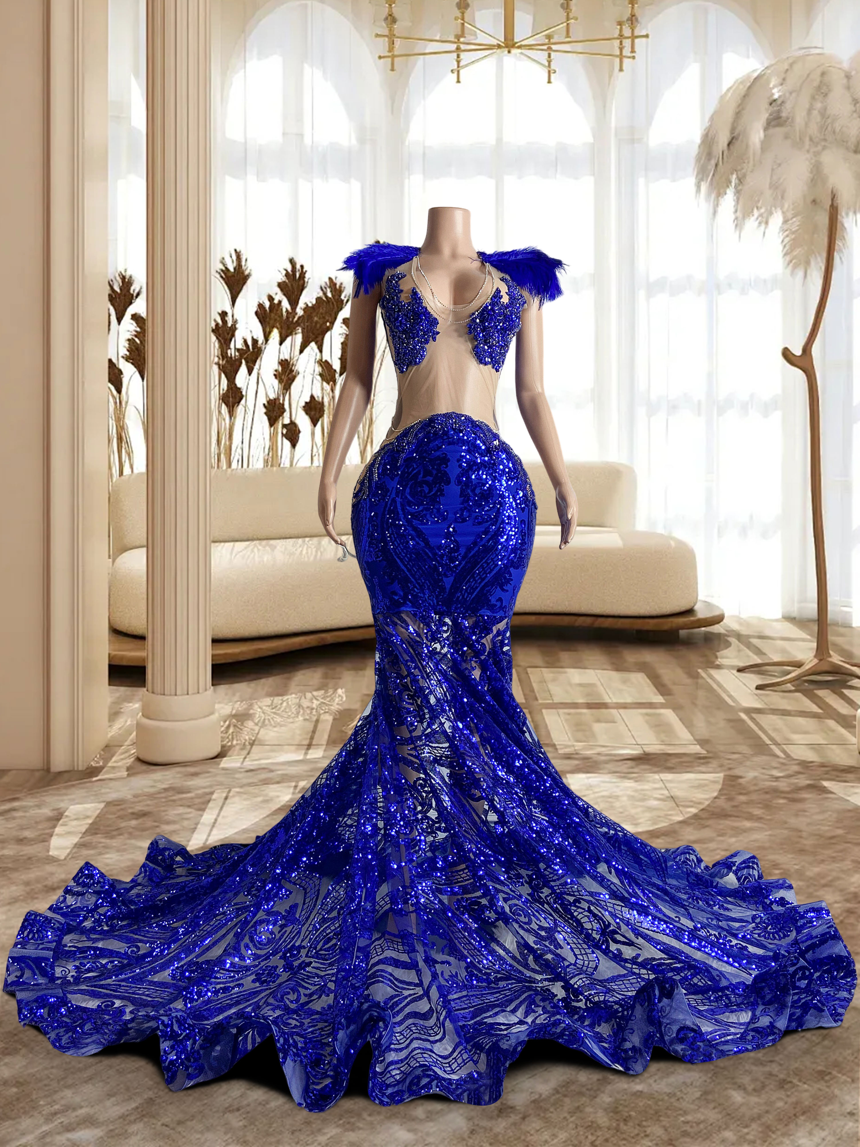 Royal Blue Bead Mesh Low Cut Gown