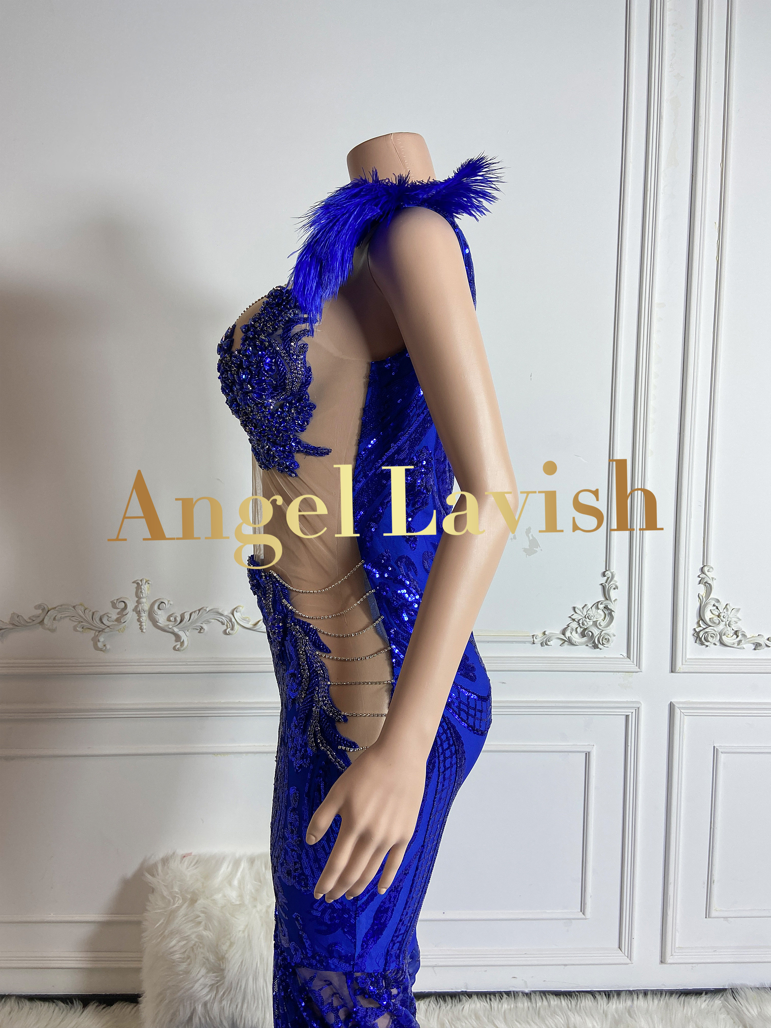 Royal Blue Bead Mesh Low Cut Gown