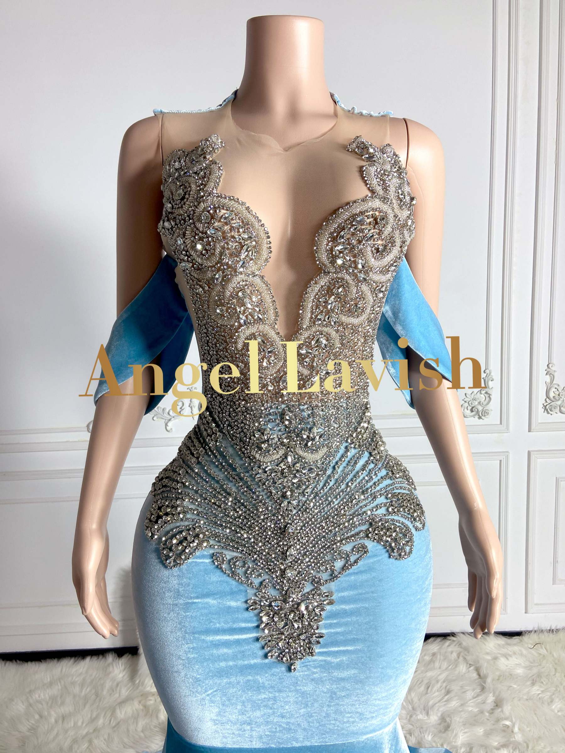 Blue Velvet Prom Dress with Rhinestone
