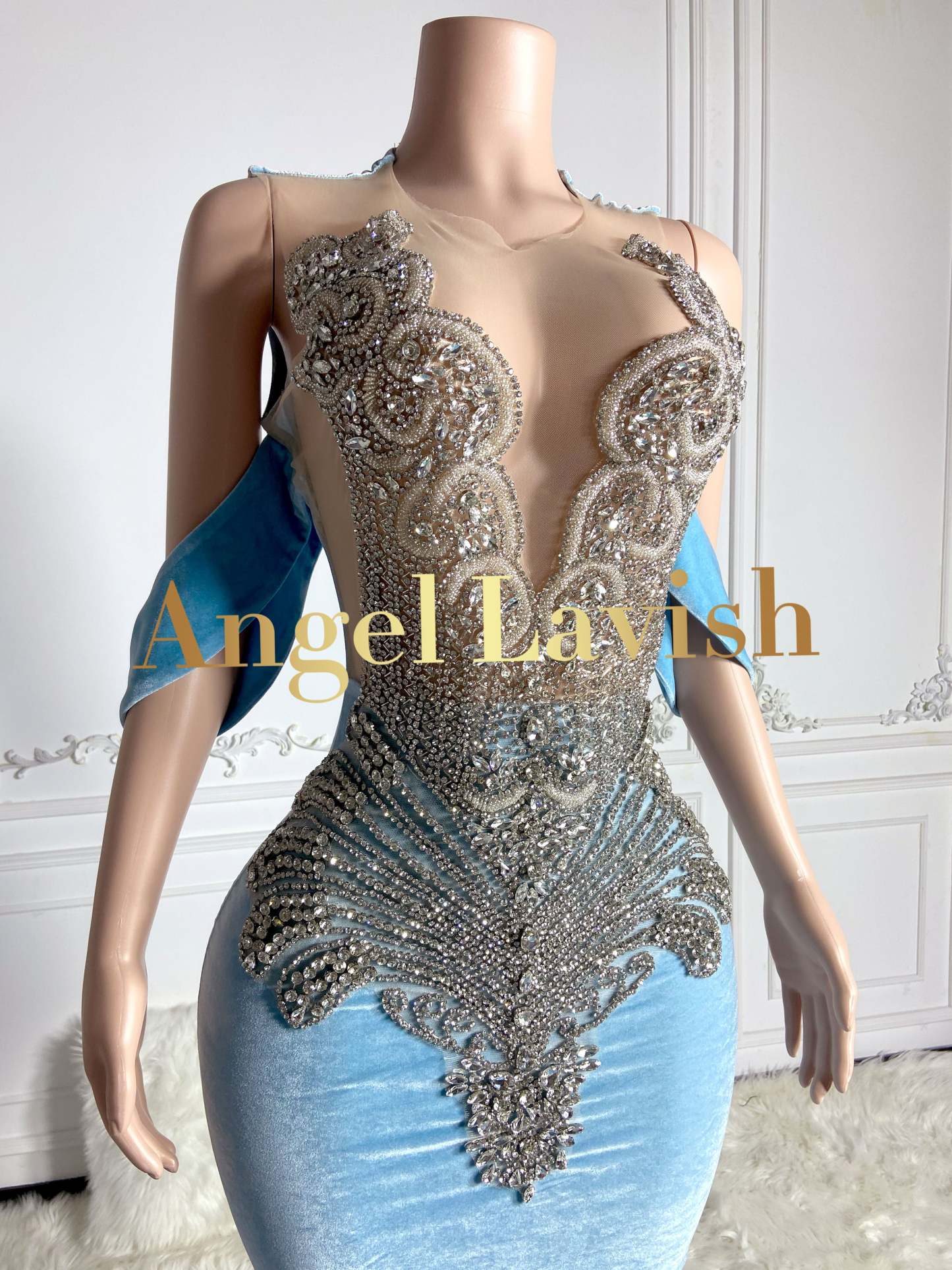 Blue Velvet Prom Dress with Rhinestone
