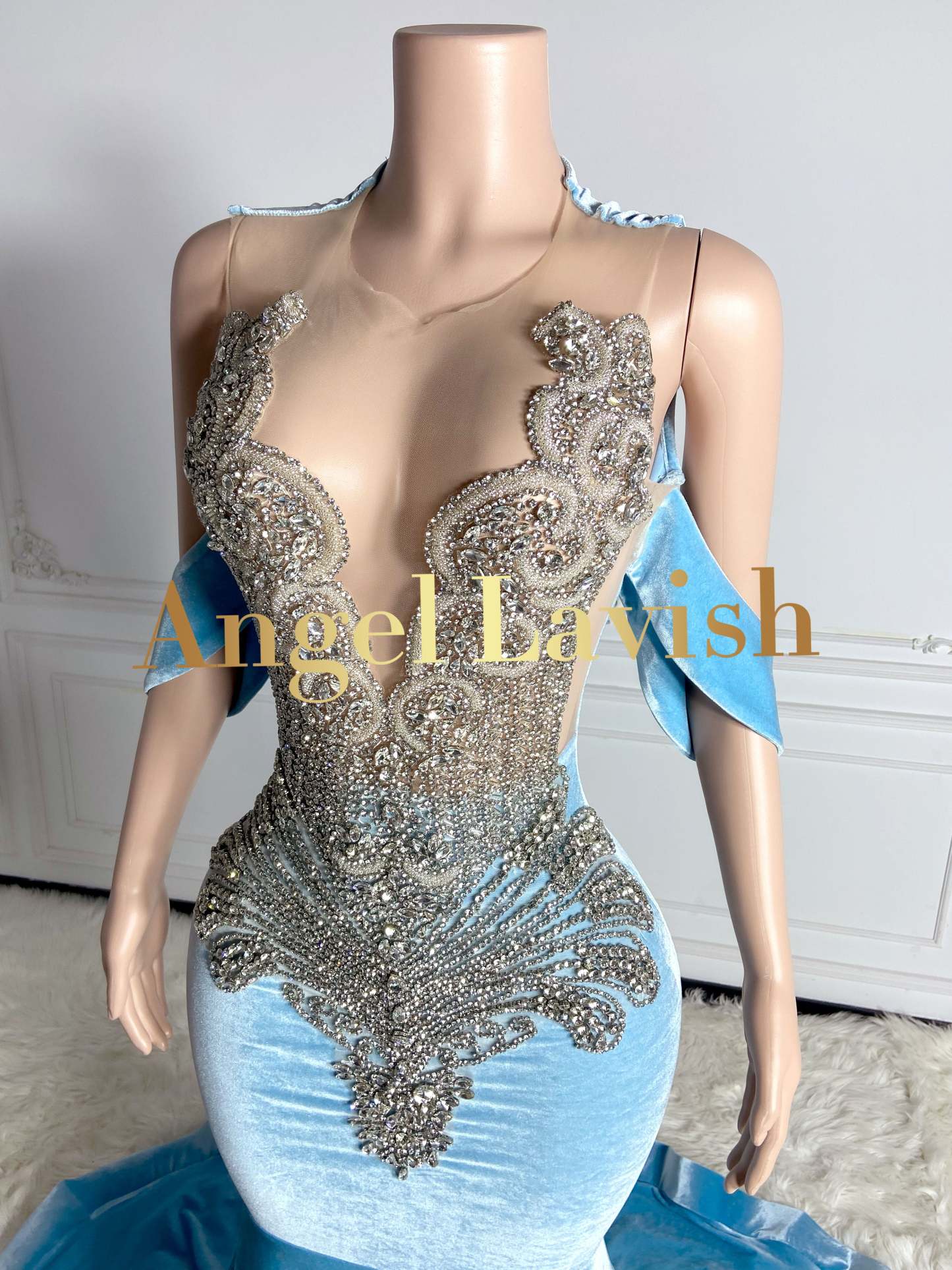 Blue Velvet Prom Dress with Rhinestone