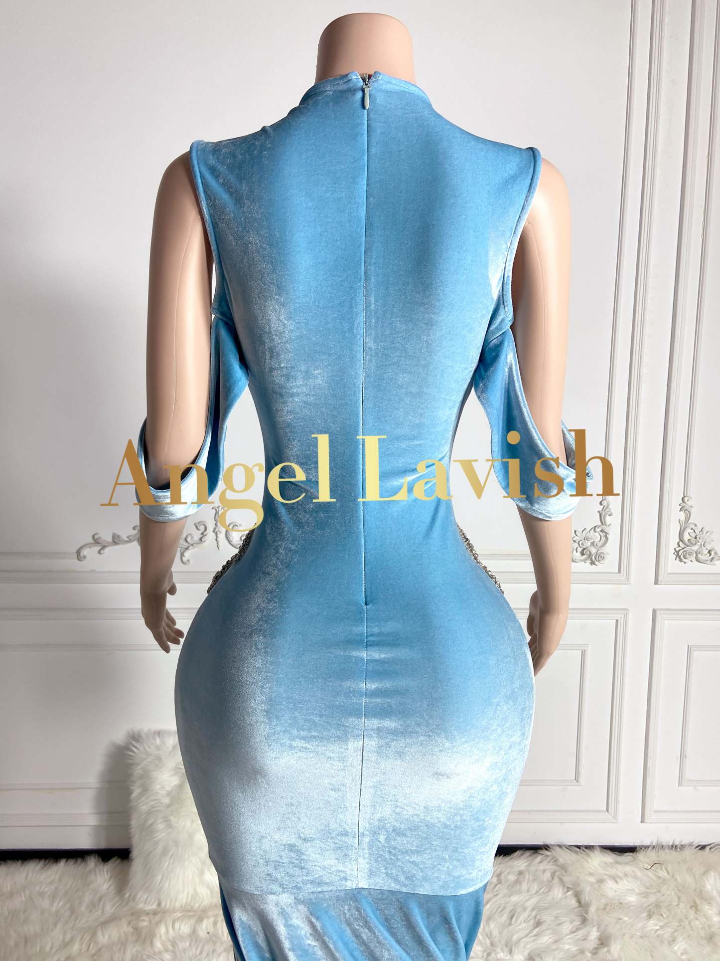 Blue Velvet Prom Dress with Rhinestone