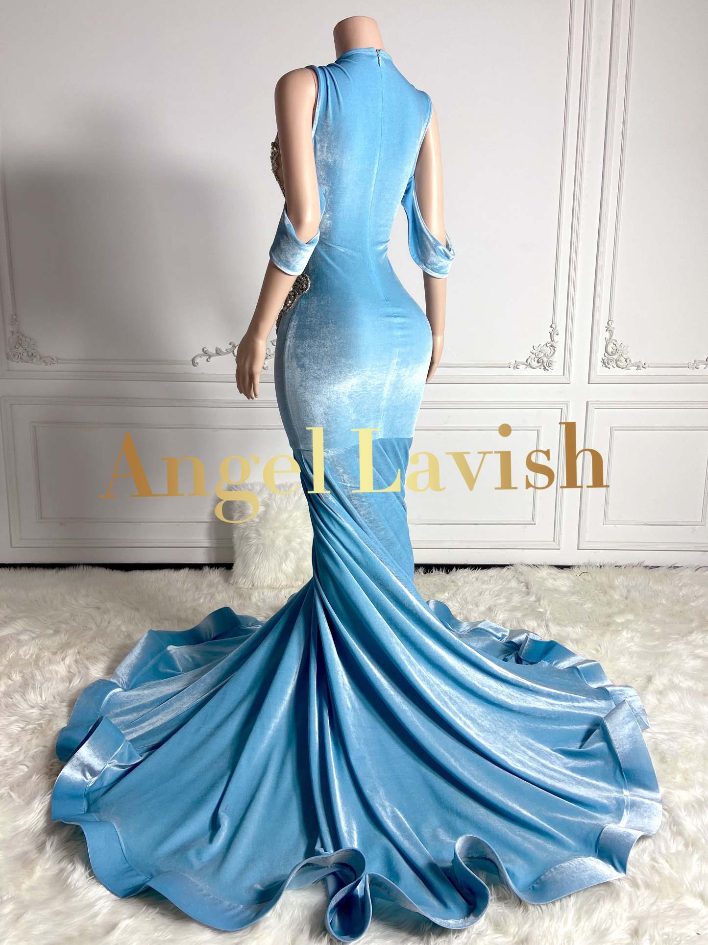 Blue Velvet Prom Dress with Rhinestone