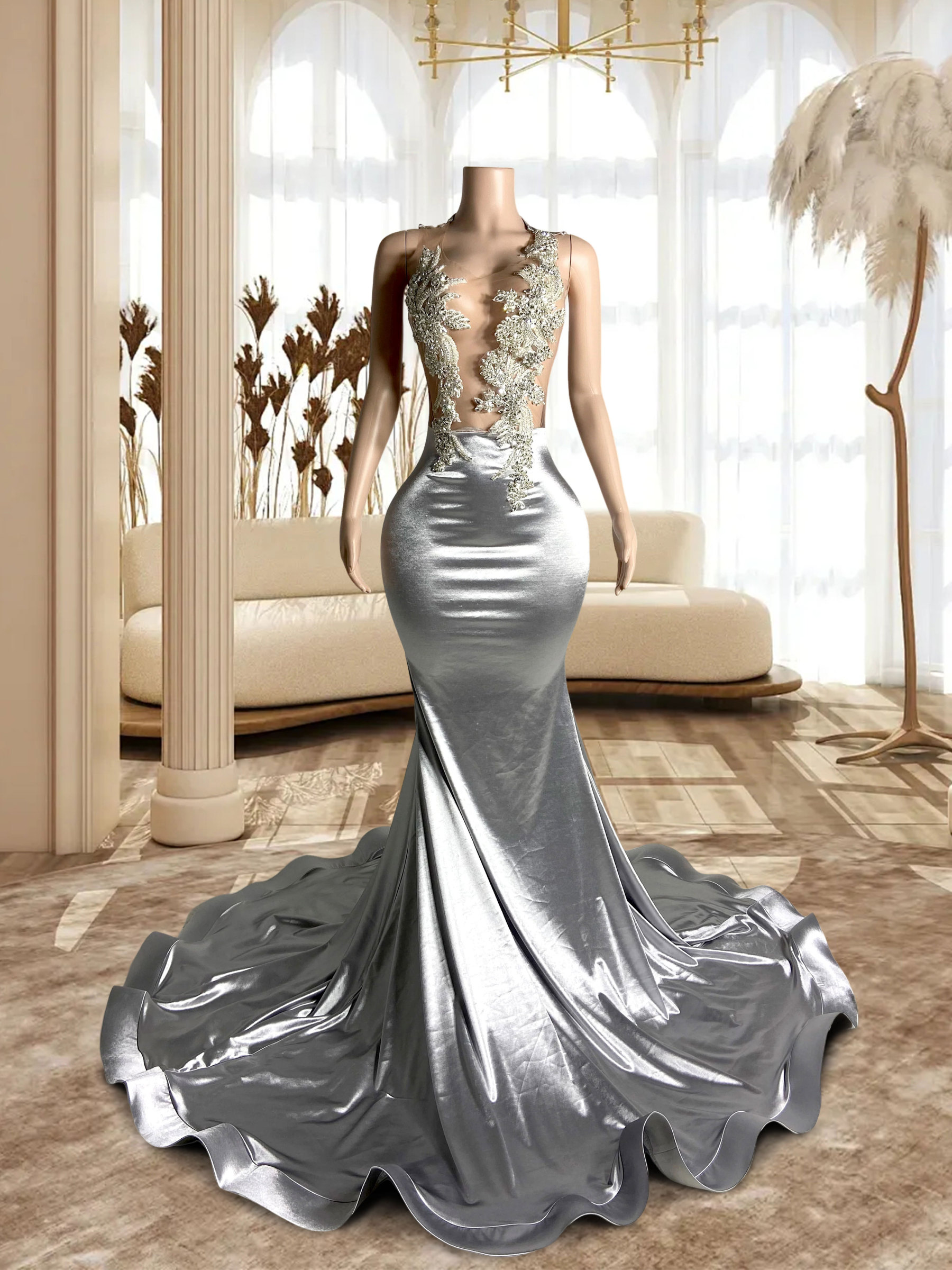 Luxrous Silver Prom Dress Mermaid Satin Gown | Angellavish