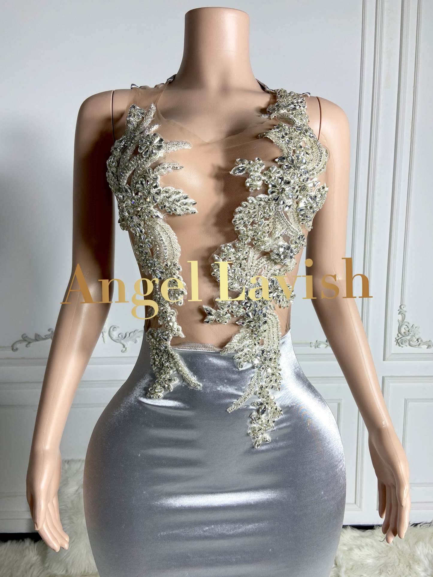 Silver Rhinestone Mermaid Satin Gown