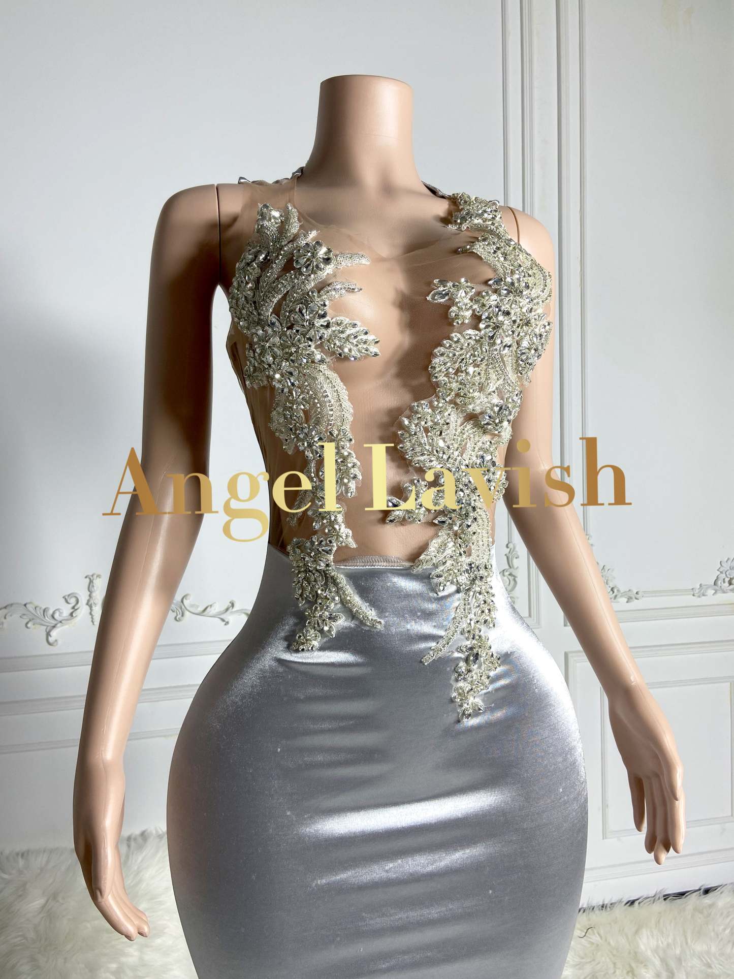 Silver Rhinestone Mermaid Satin Gown