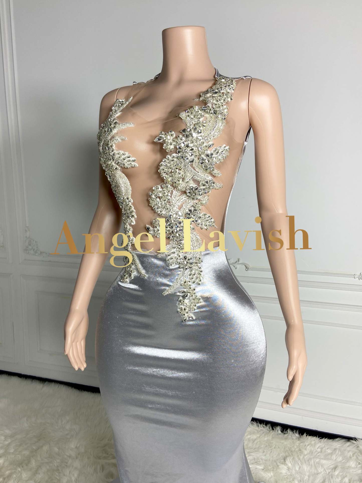 Silver Rhinestone Mermaid Satin Gown