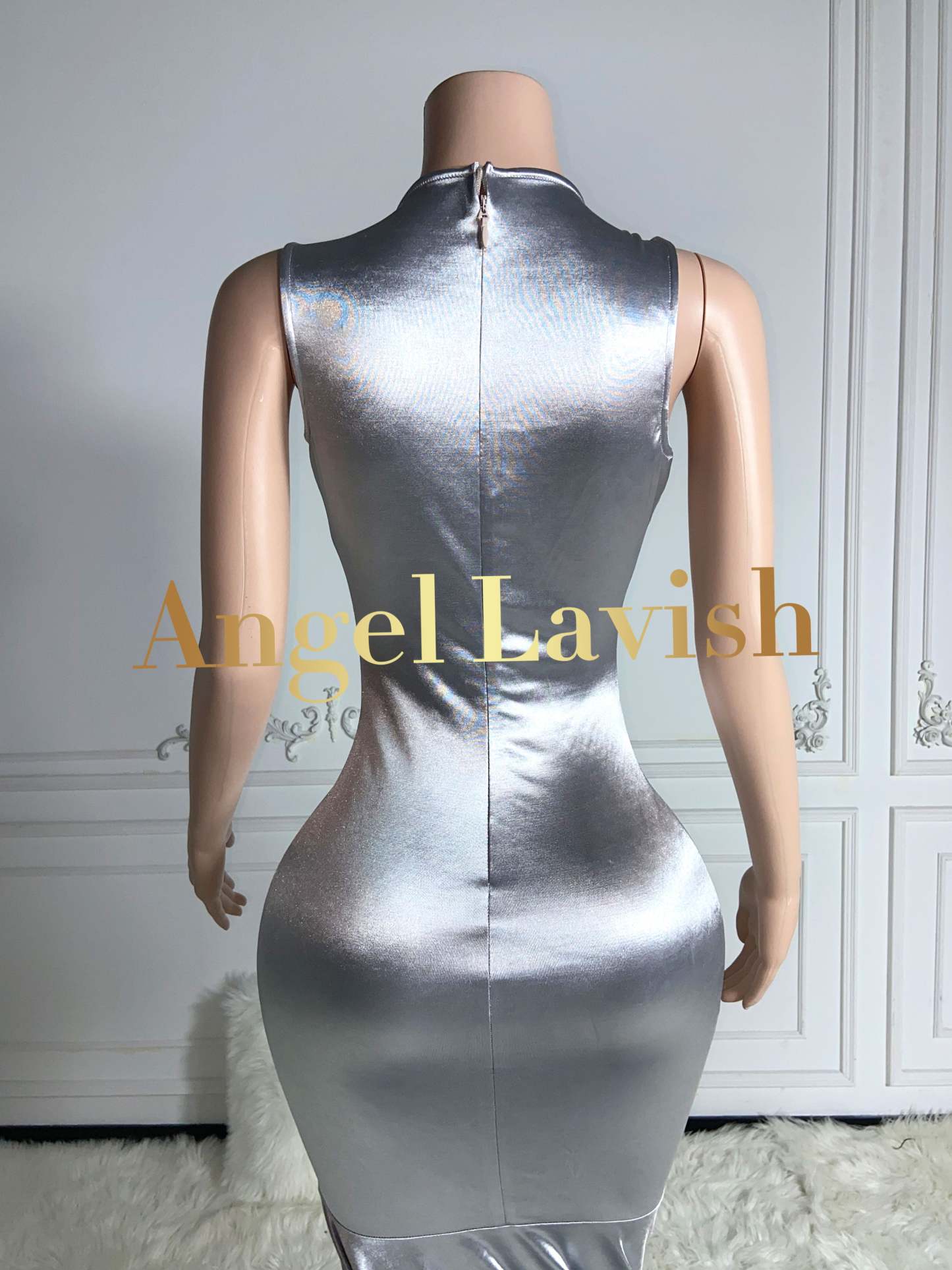 Silver Rhinestone Mermaid Satin Gown