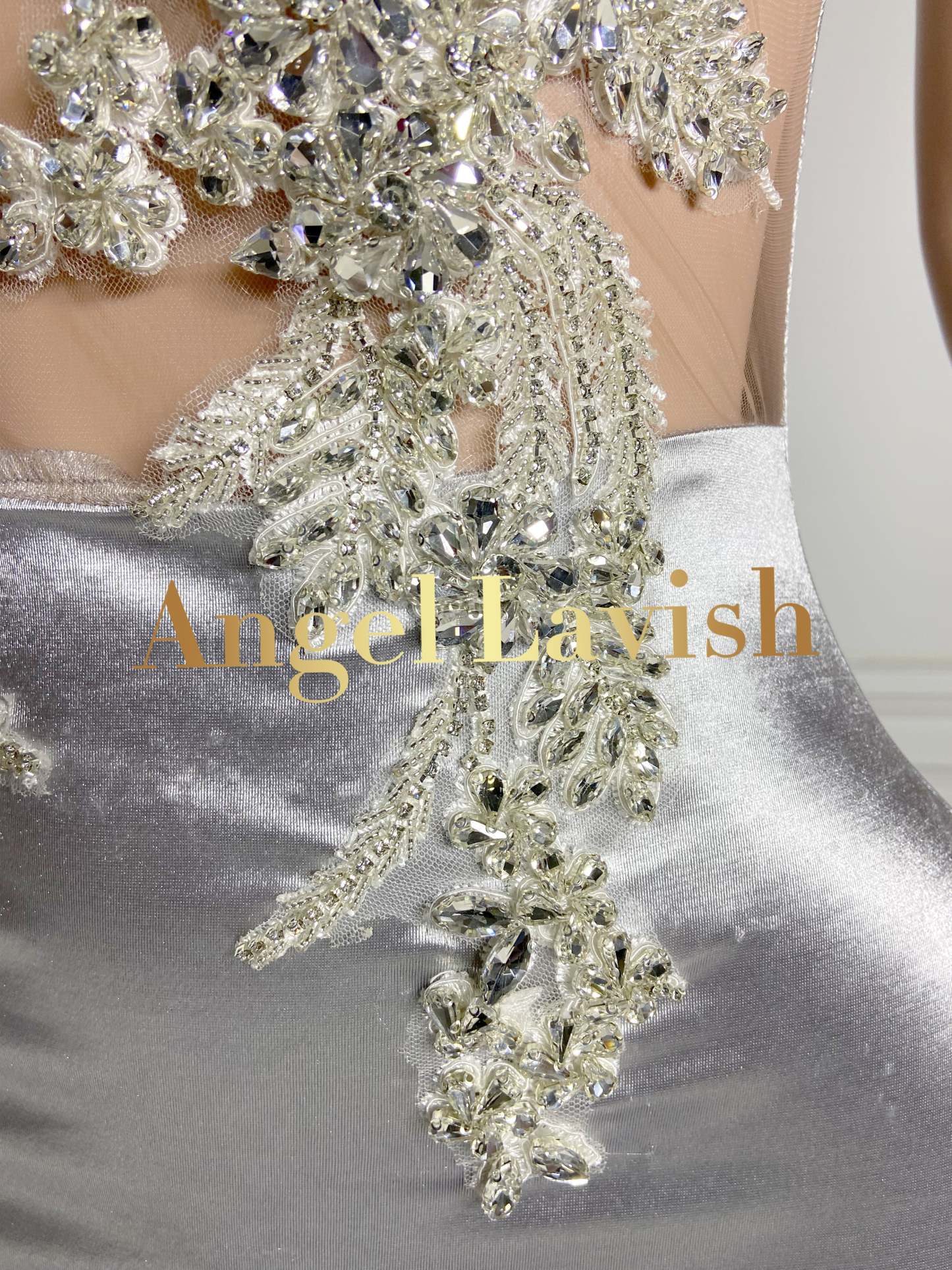 Silver Rhinestone Mermaid Satin Gown