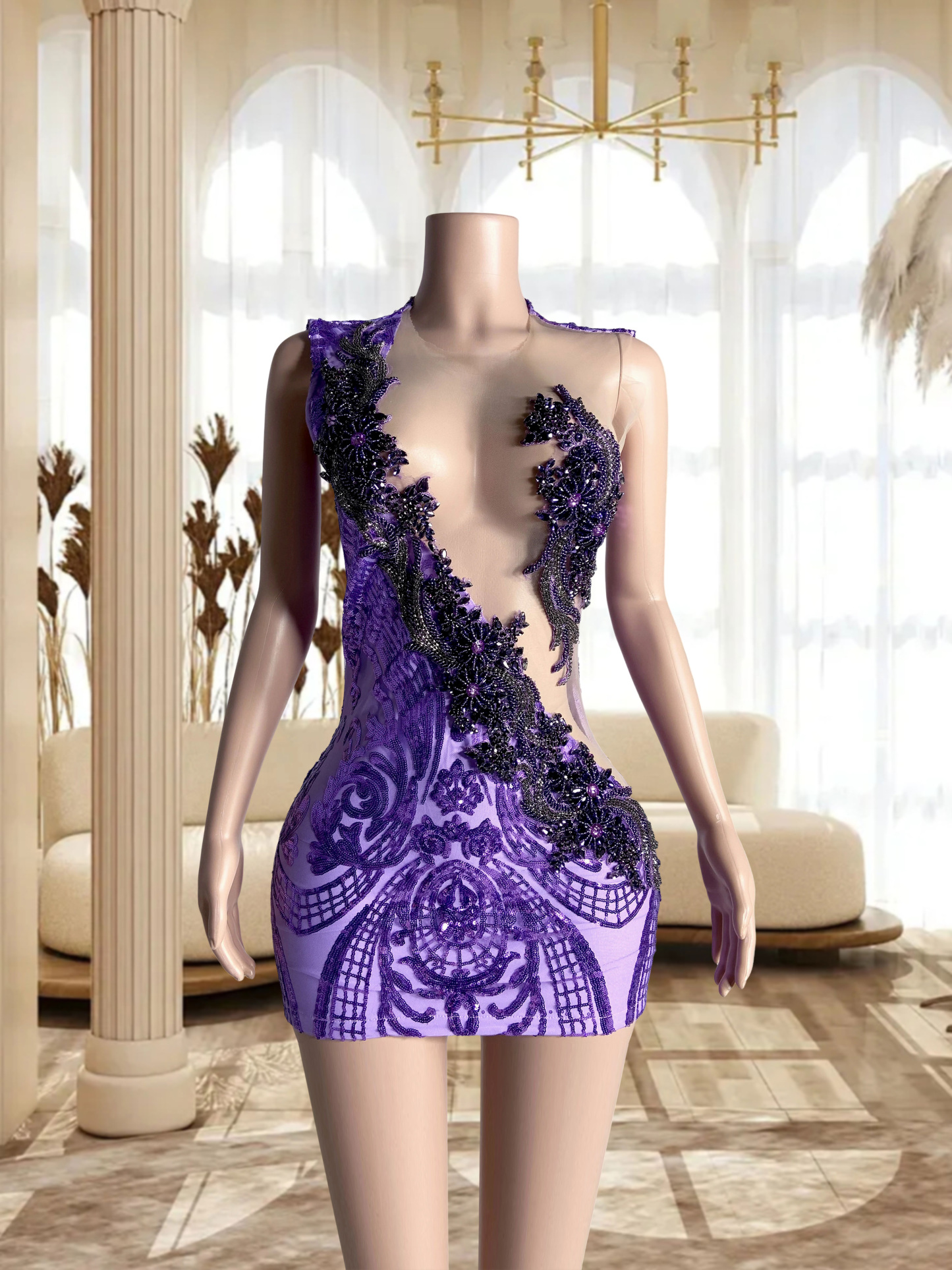 Purple Mini Rhinestone Dress with Assymetric Hollow Out | Angellavish