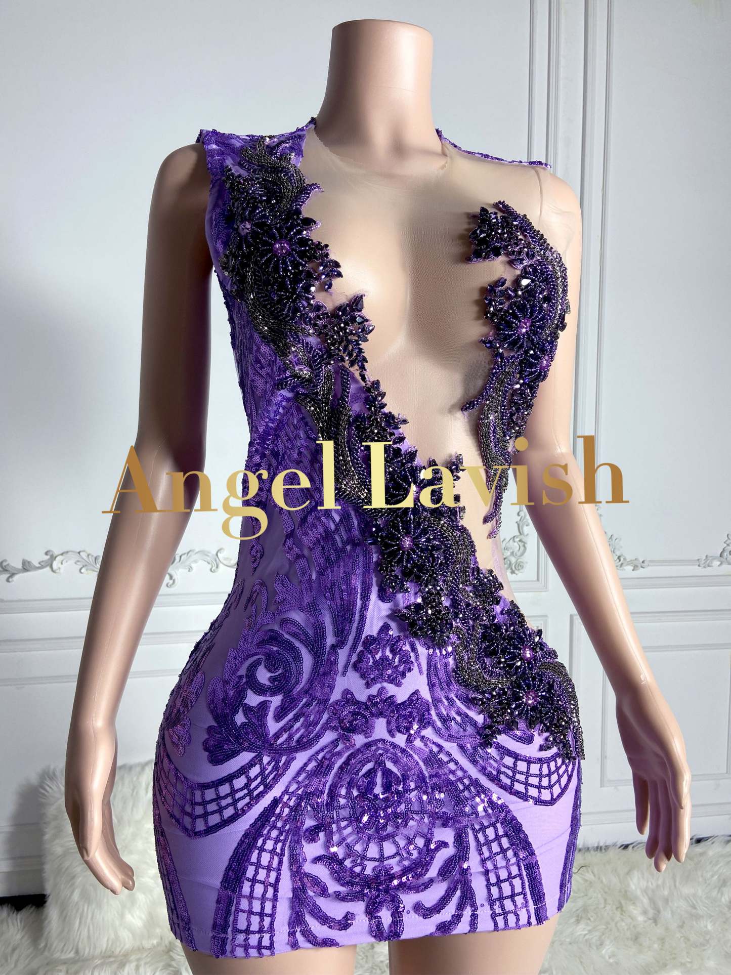 Purple Mini Rhinestone Dress with Side Cutout