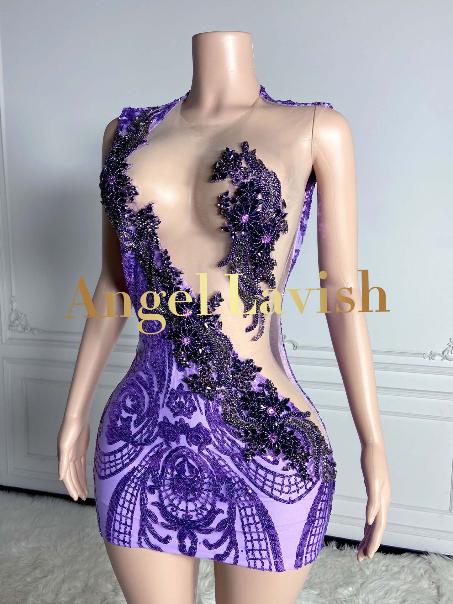 Purple Mini Rhinestone Dress with Side Cutout