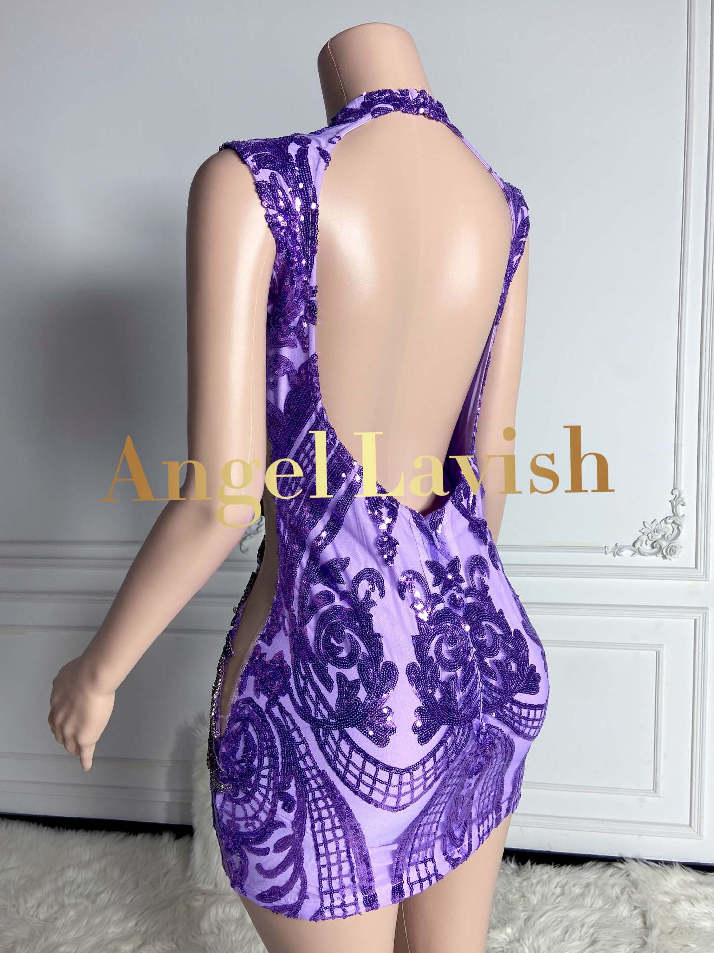 Purple Mini Rhinestone Dress with Side Cutout