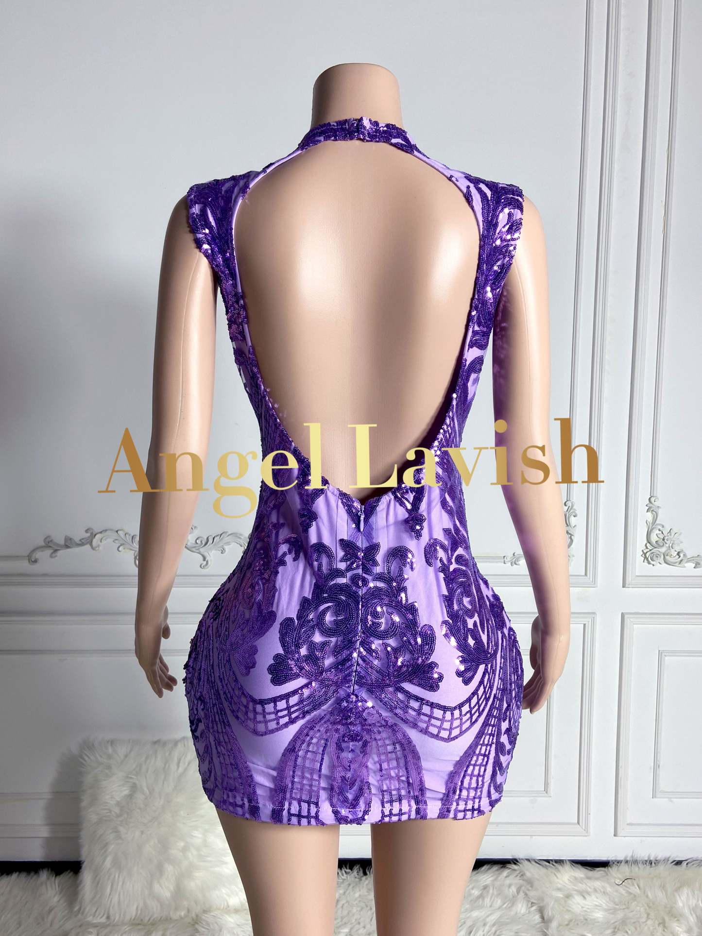 Purple Mini Rhinestone Dress with Side Cutout