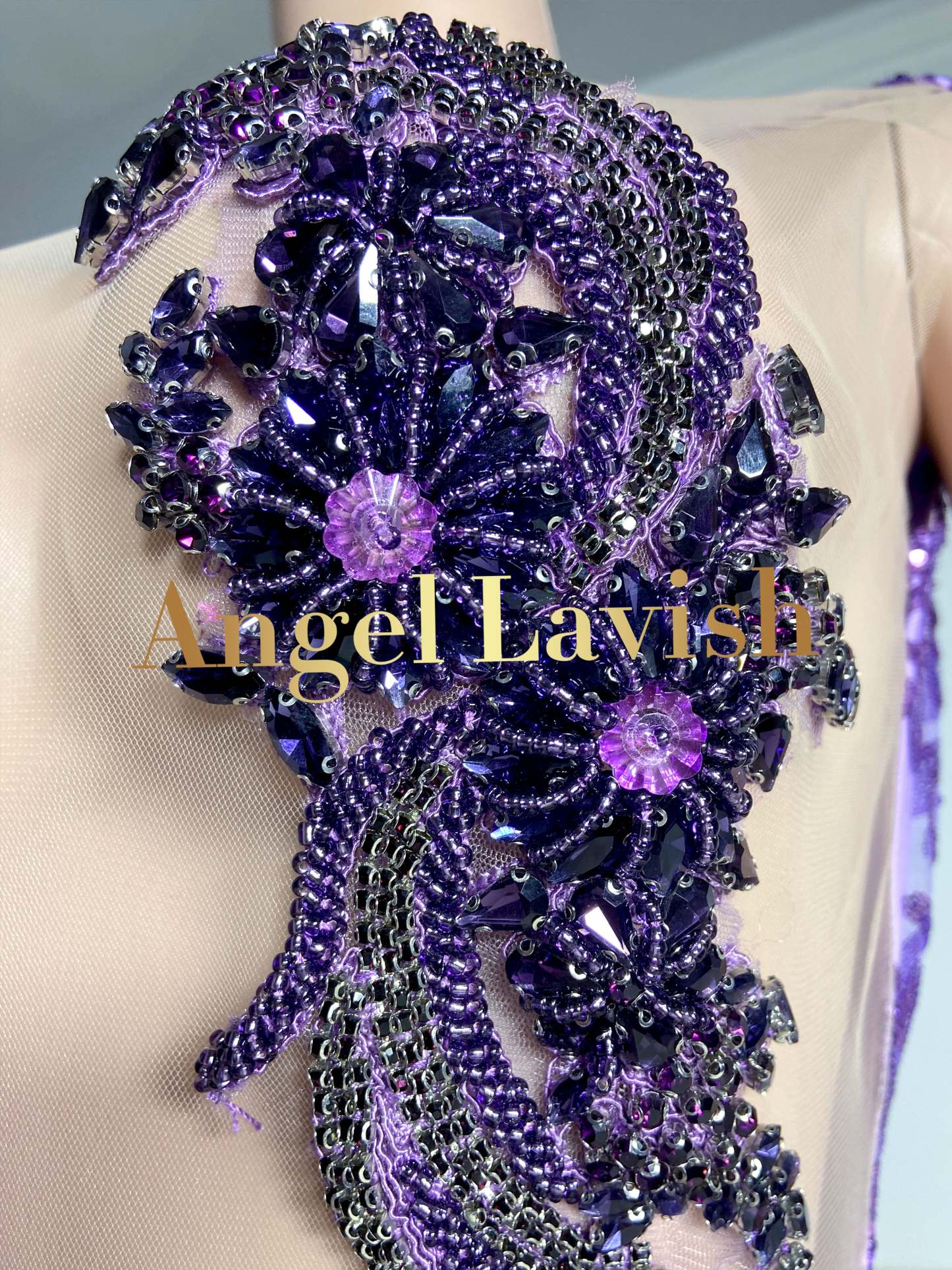 Purple Mini Rhinestone Dress with Side Cutout