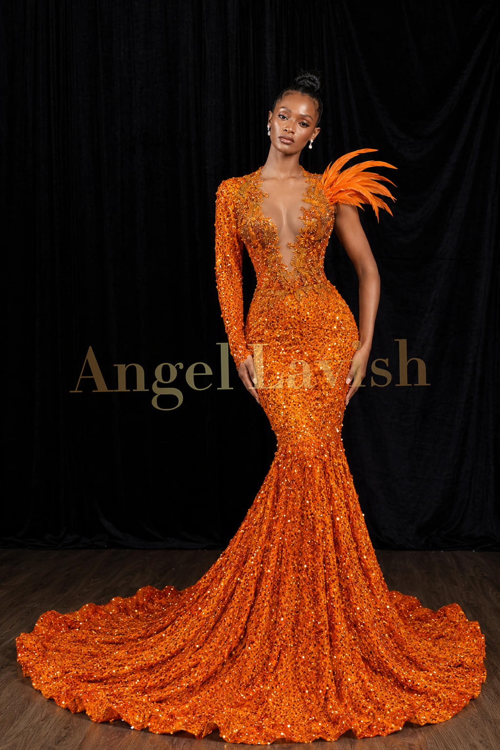 Orange Velvet Slimming Sequin Gown 
