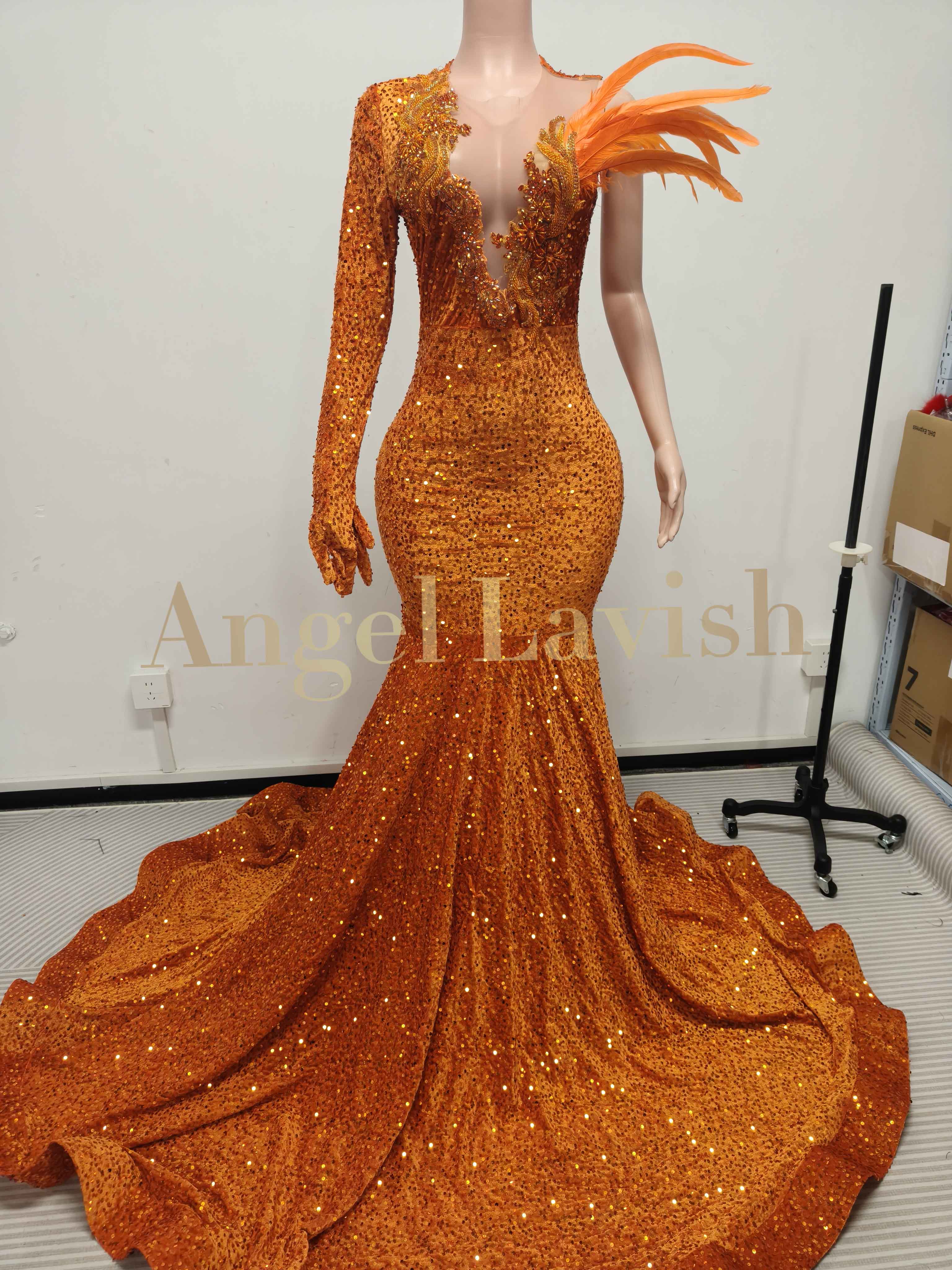 Orange Velvet Slimming Sequin Gown 