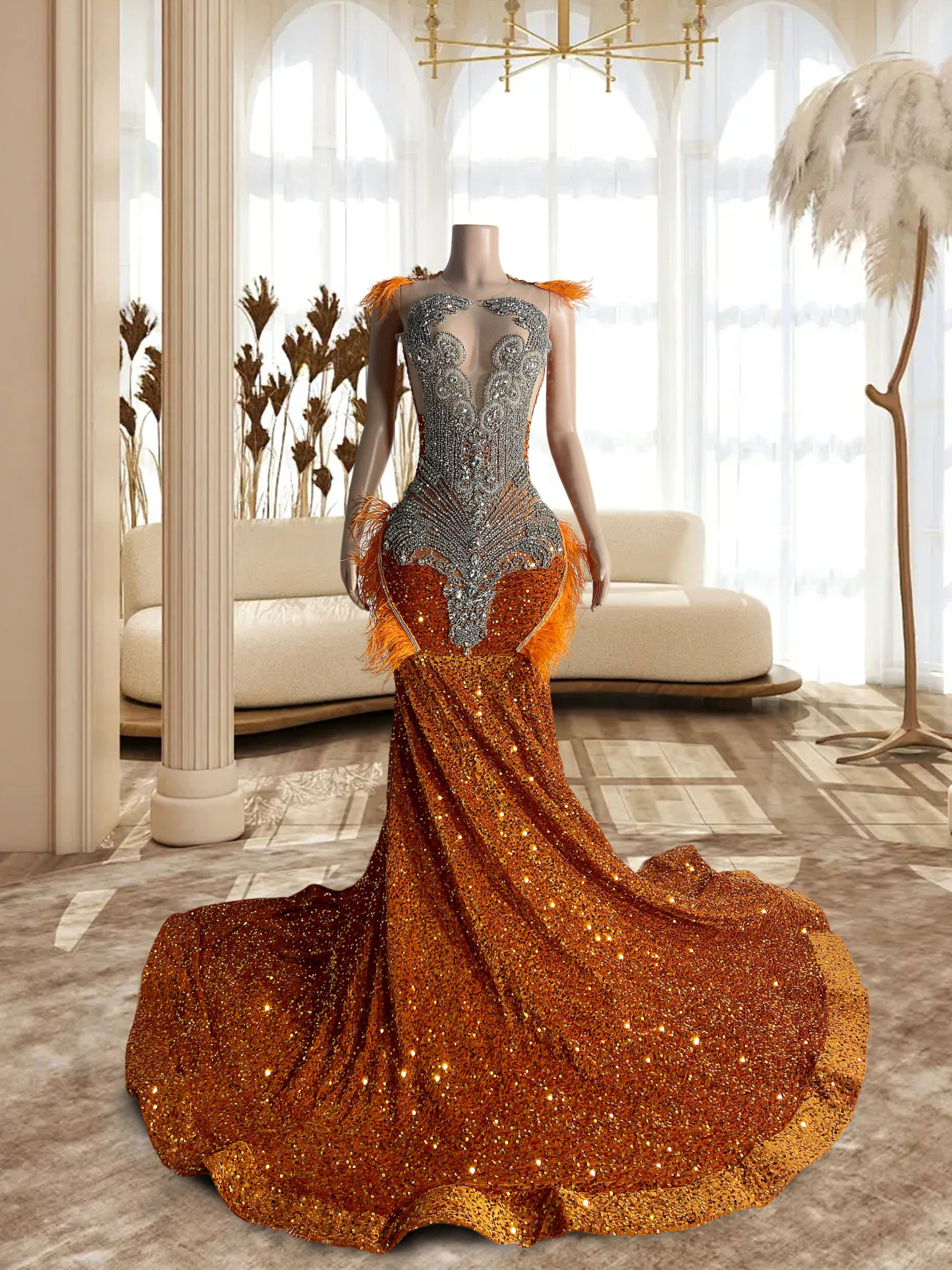 Orange Velvet Feather Gown | Angellavish