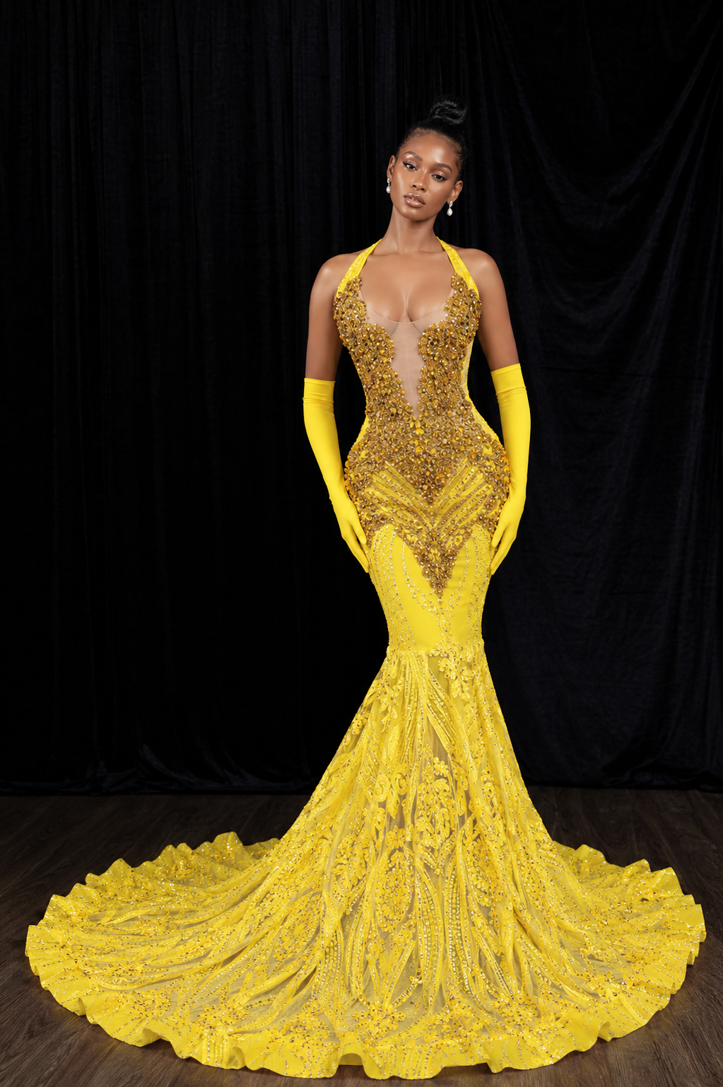 Prom Gold Haute Gown with Gloves