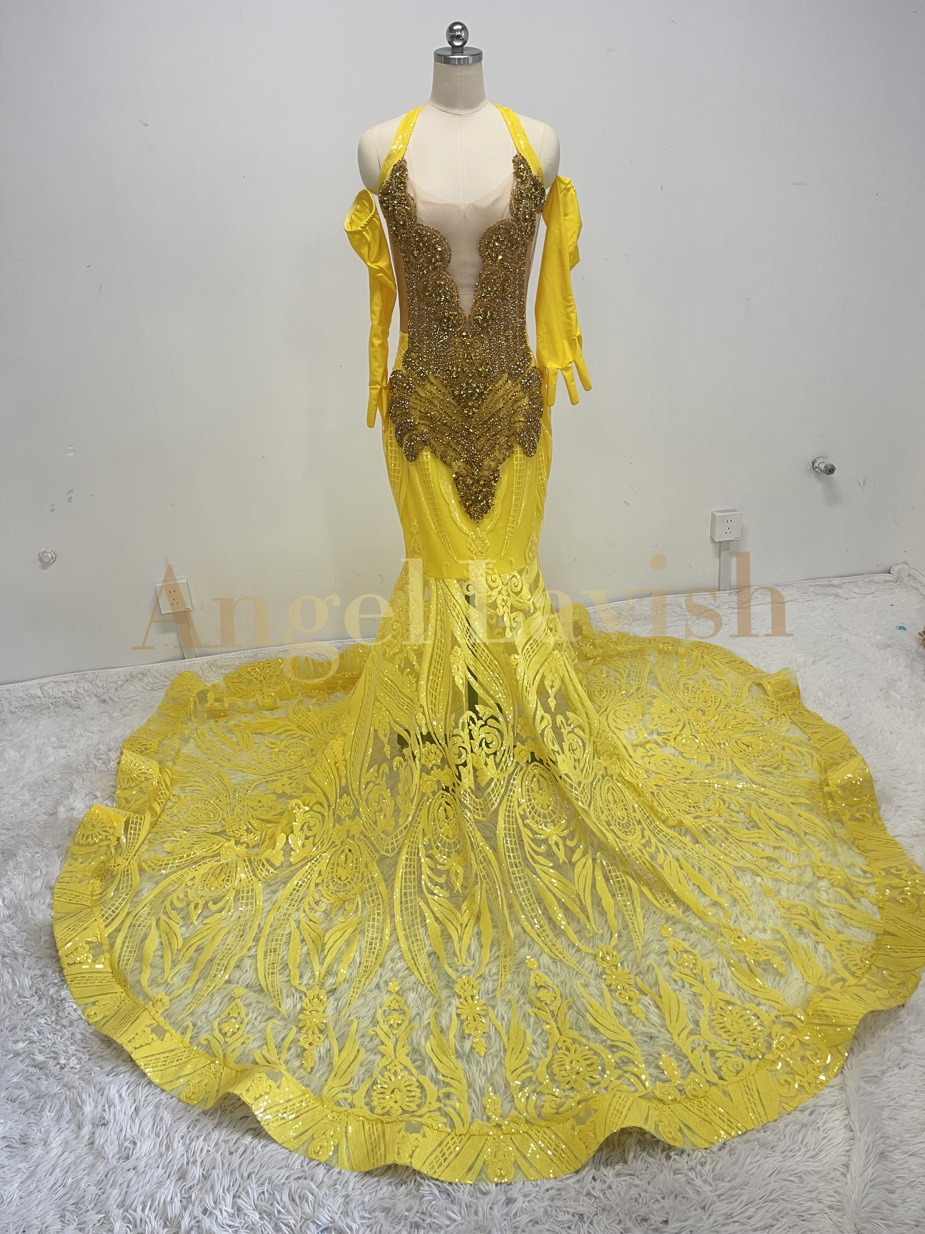 Prom Gold Haute Gown with Gloves