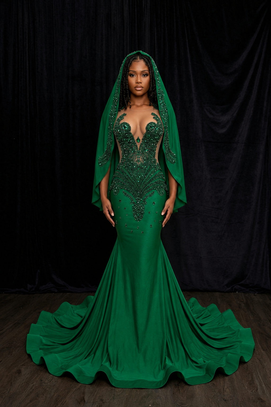 Dark Green Rhinestone Maxi Gown With Headscarf TH24081514