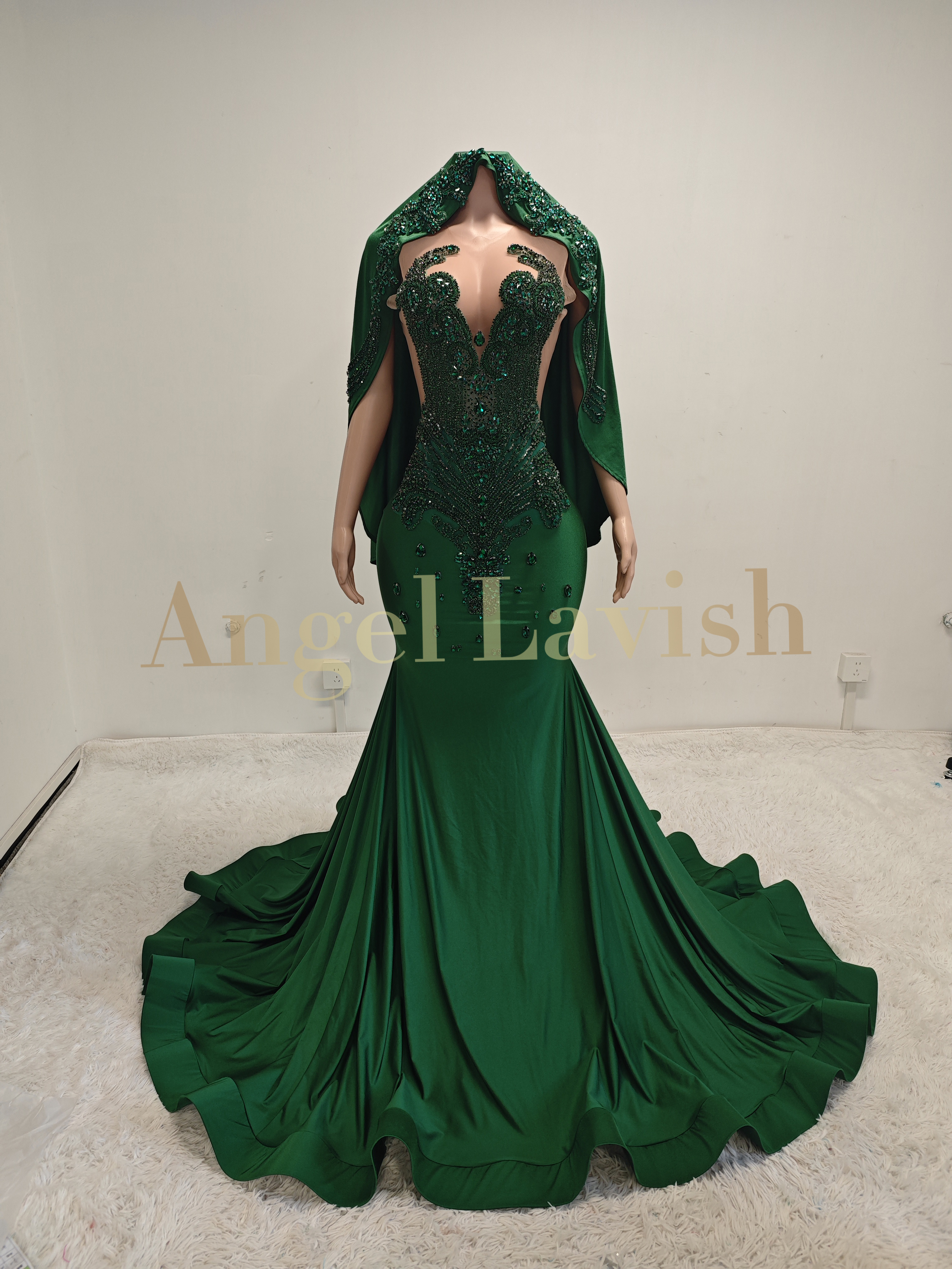 Dark Green Rhinestone Maxi Gown With Headscarf TH24081514