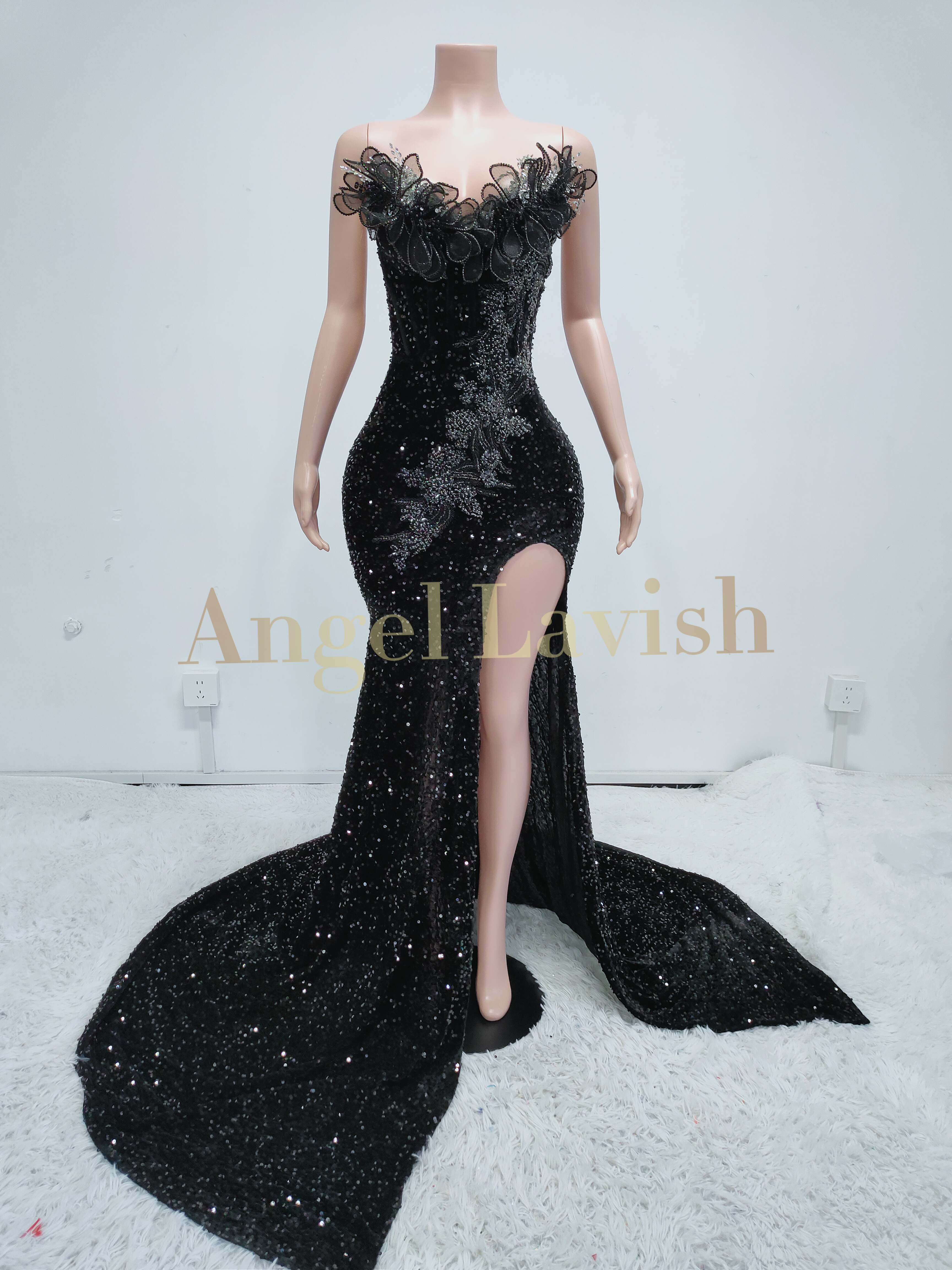 Dazzling Black Sequin Slit Gown TH25020602