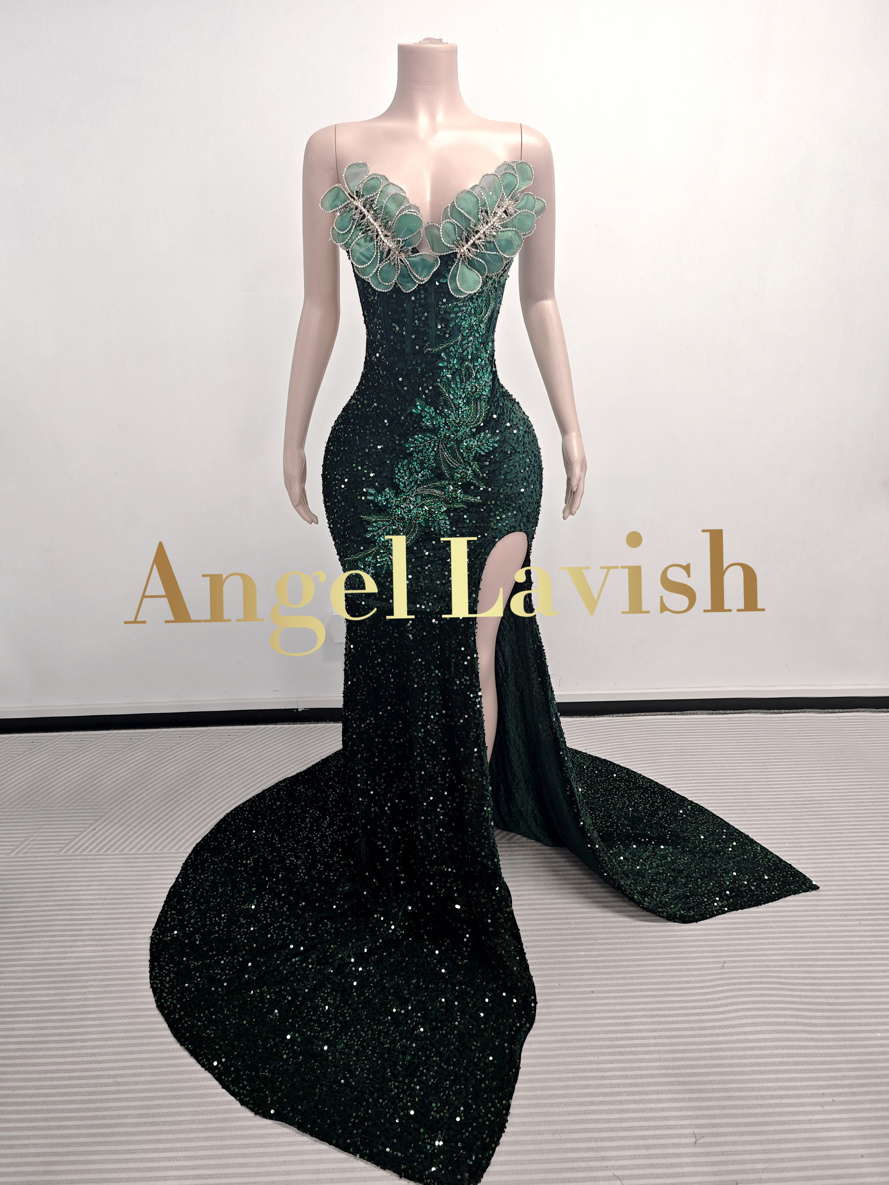 Dazzling Green Sequin Slit Gown
