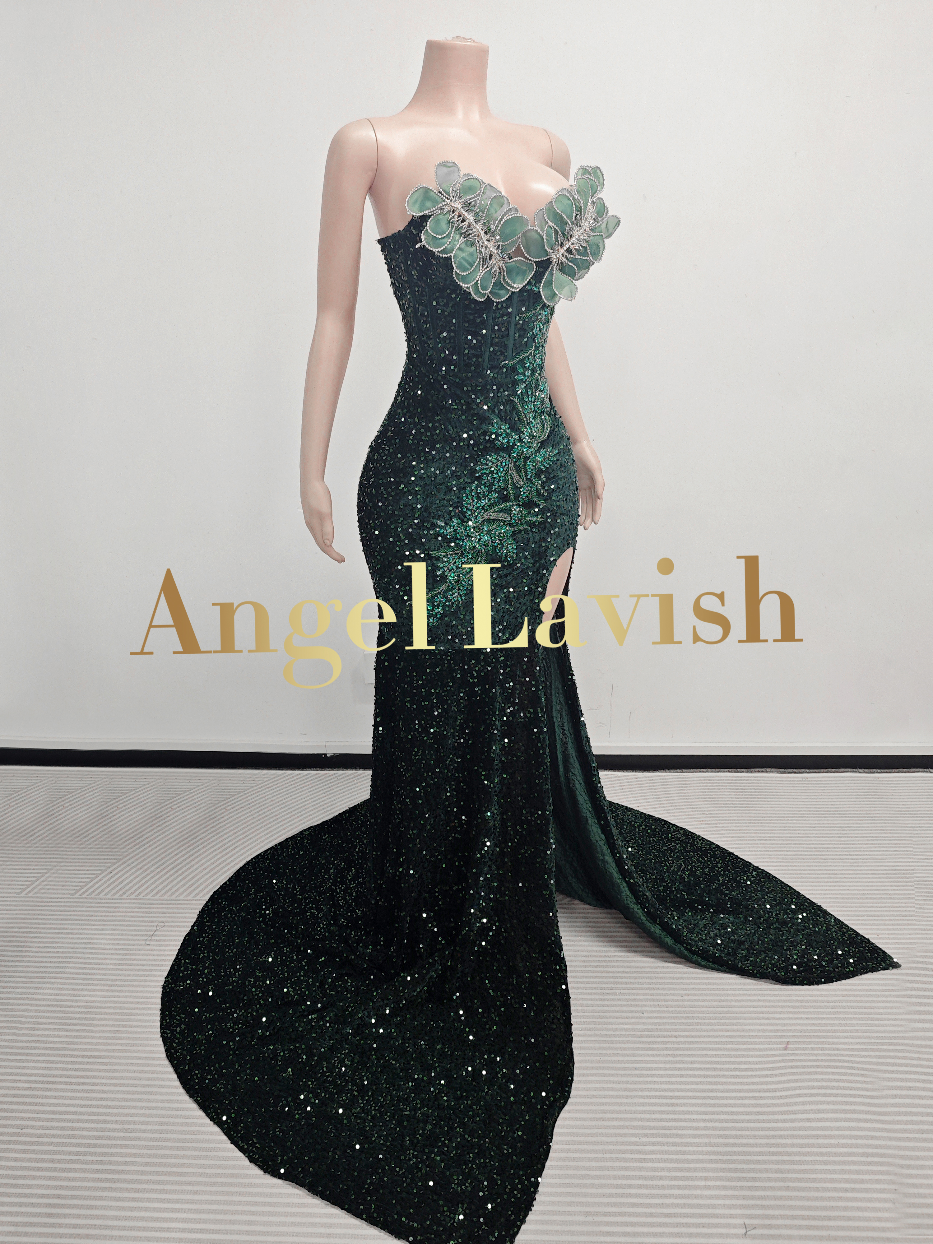 Dazzling Green Sequin Slit Gown