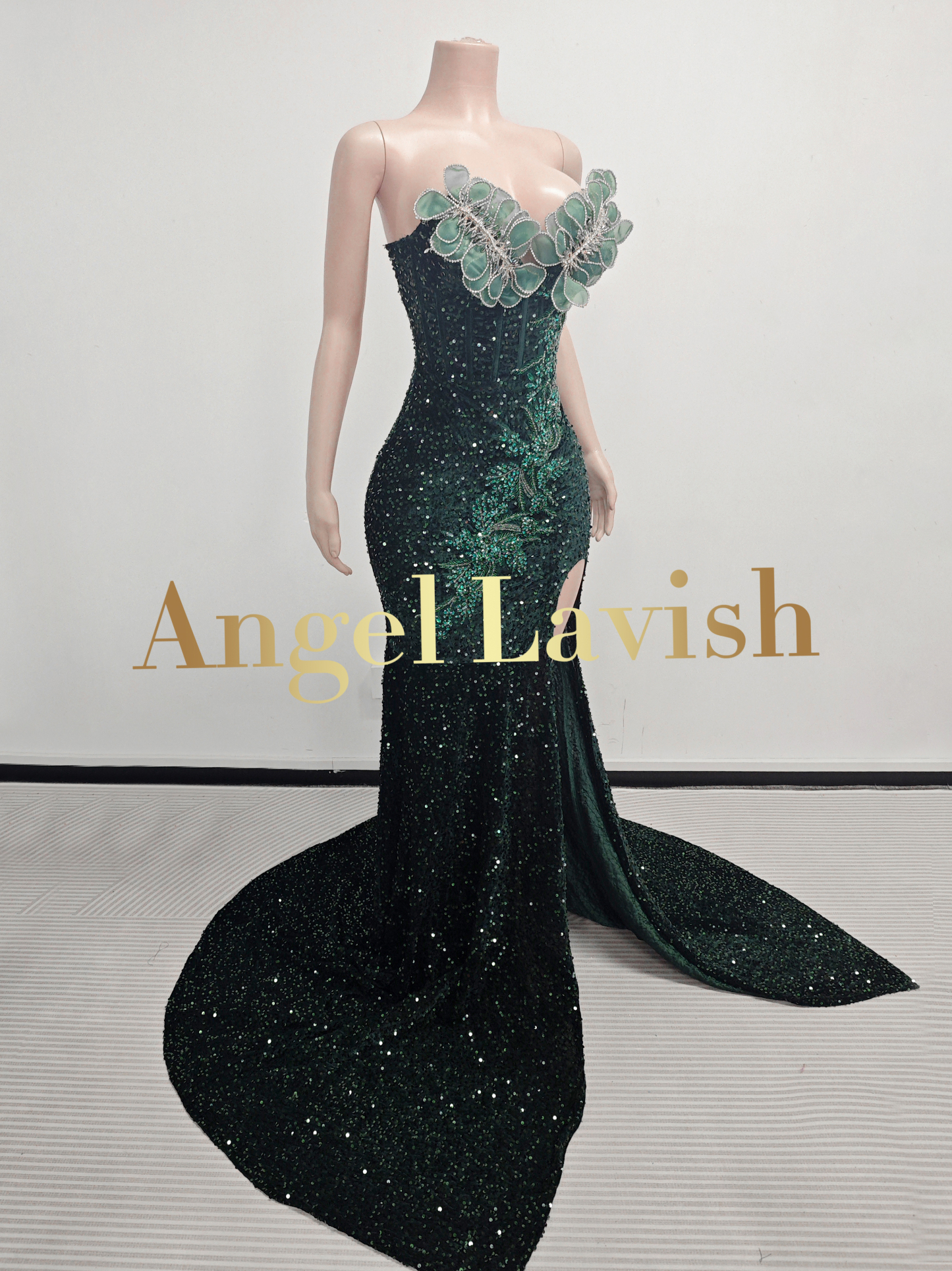 Dazzling Green Sequin Slit Gown