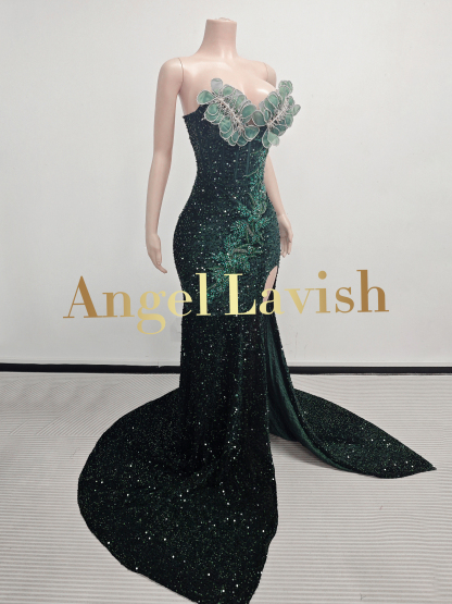 Dazzling Green Sequin Slit Gown