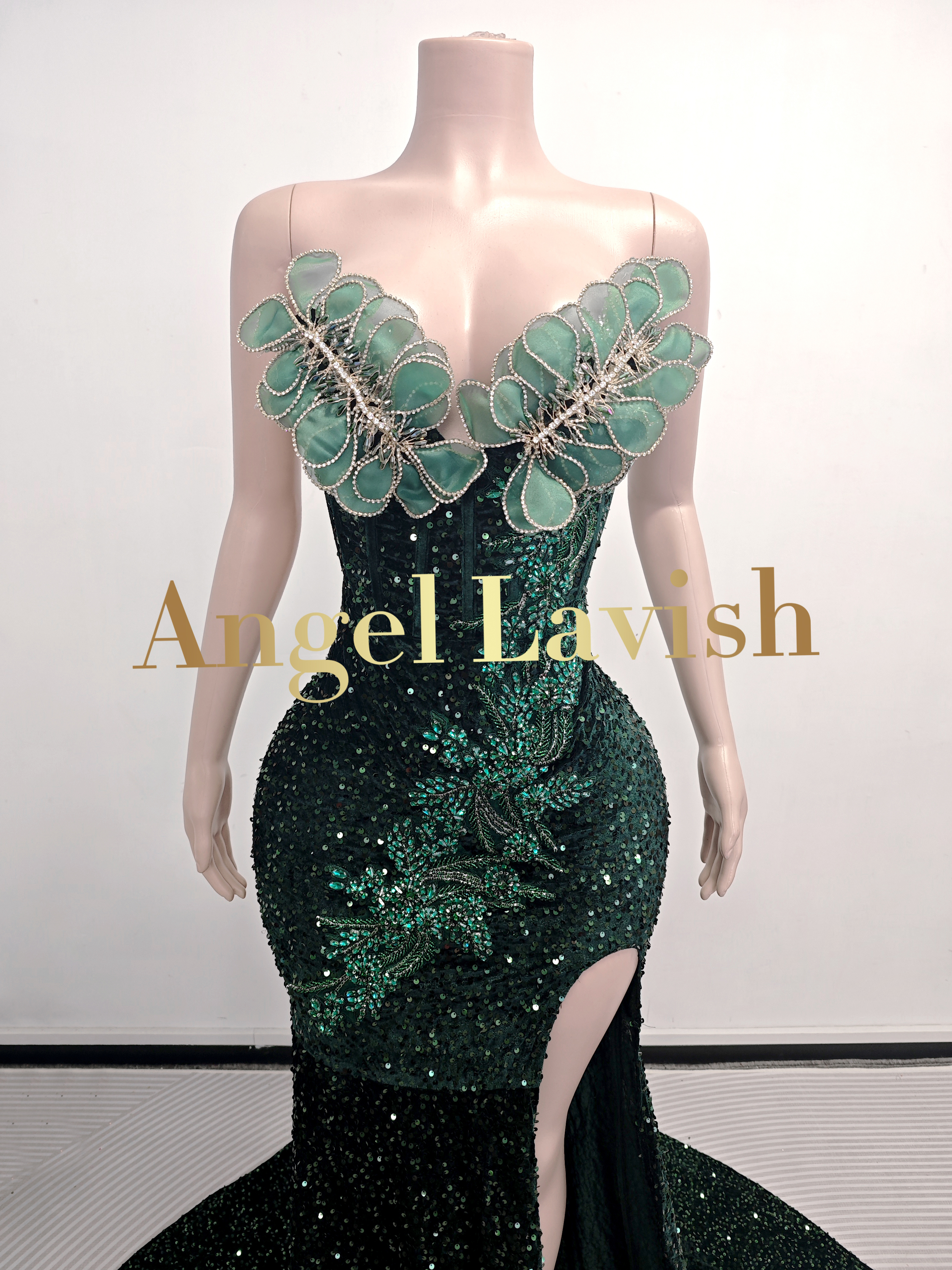 Dazzling Green Sequin Slit Gown