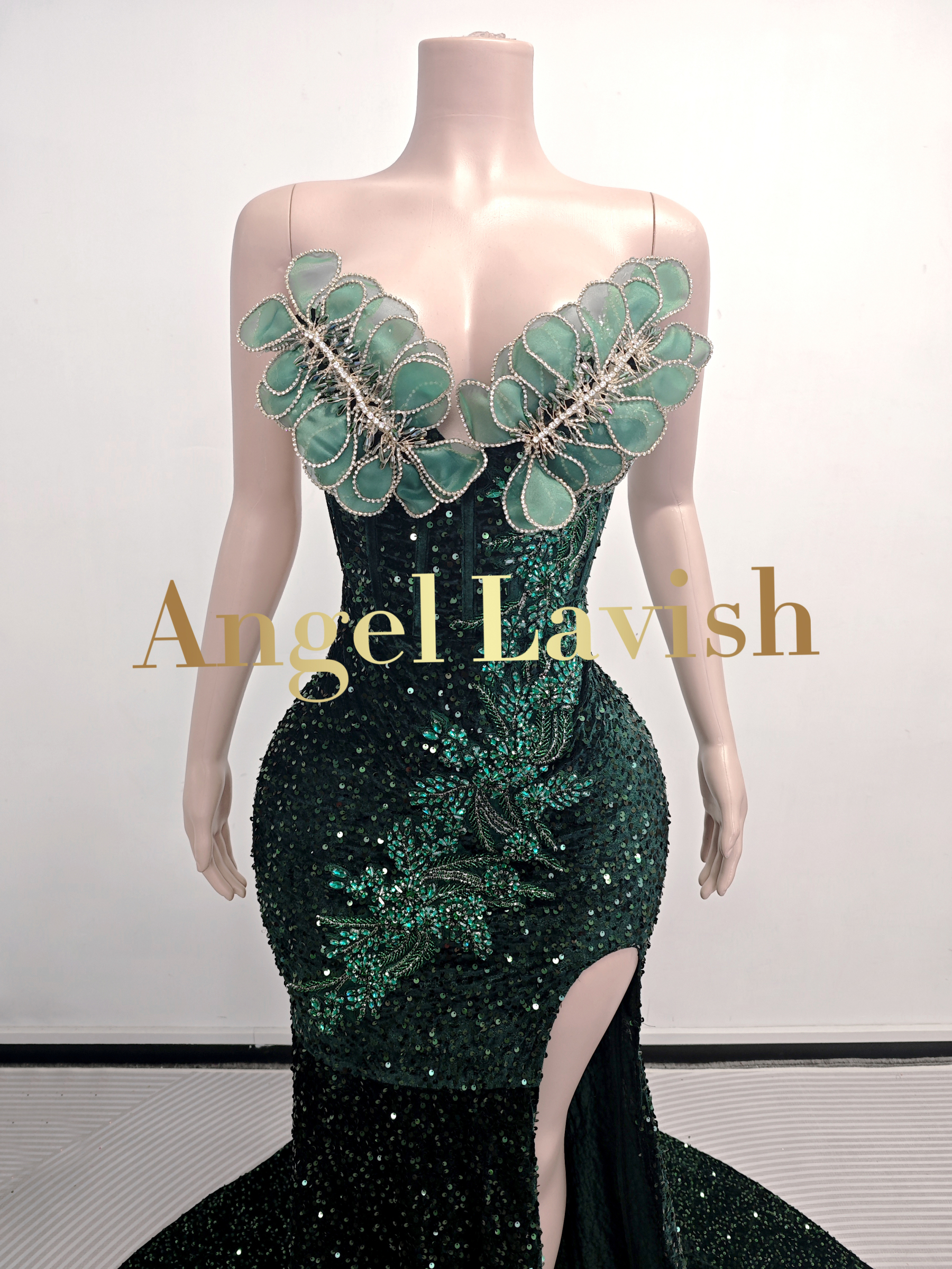 Dazzling Green Sequin Slit Gown