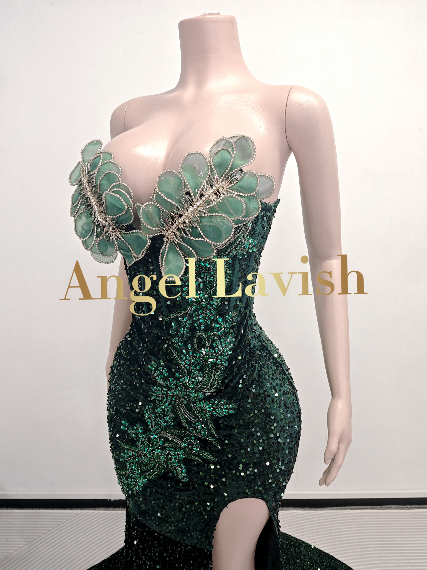 Dazzling Green Sequin Slit Gown