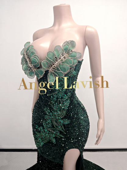 Dazzling Green Sequin Slit Gown