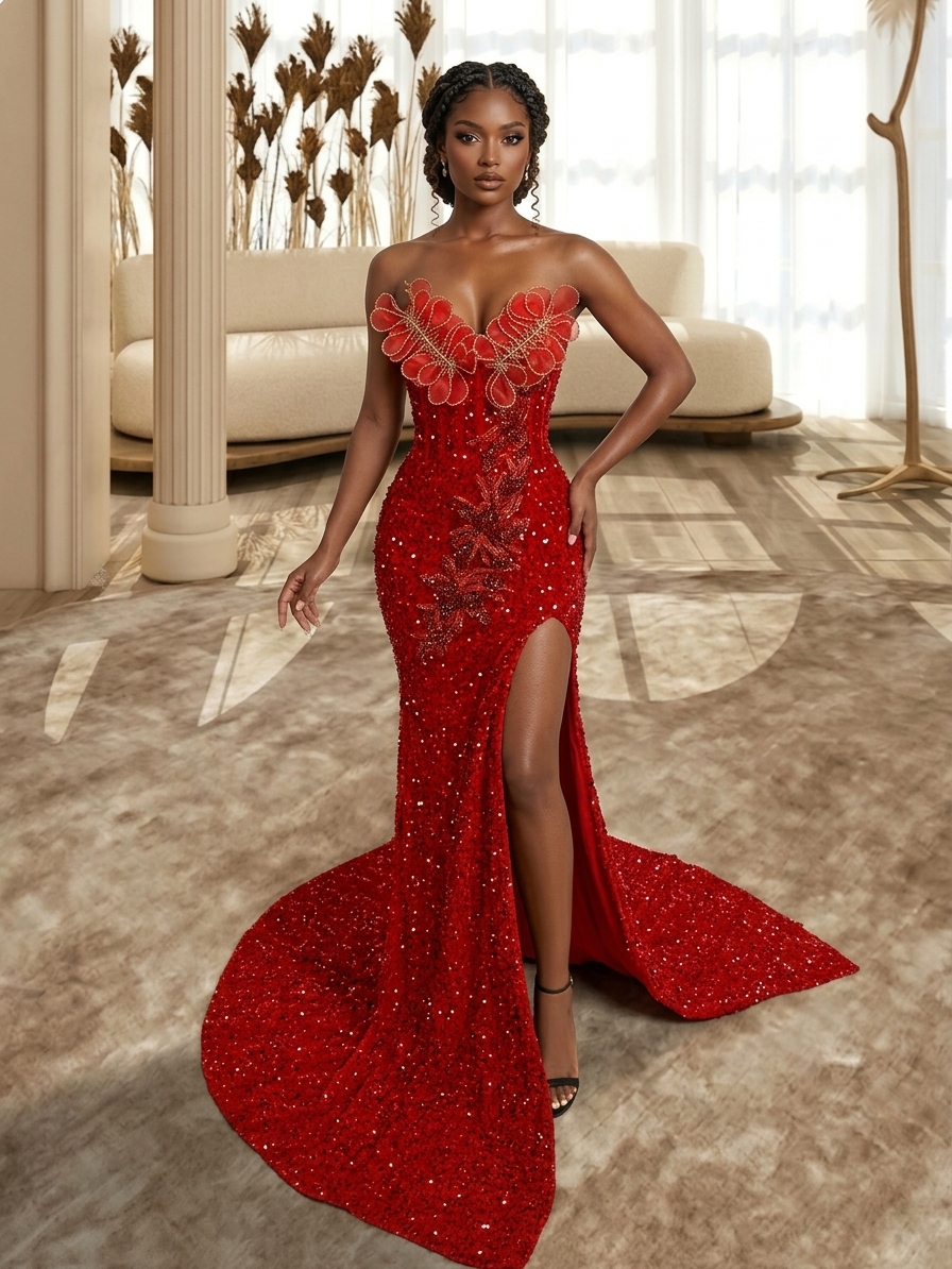 Dazzling Red Sequin Slit Gown