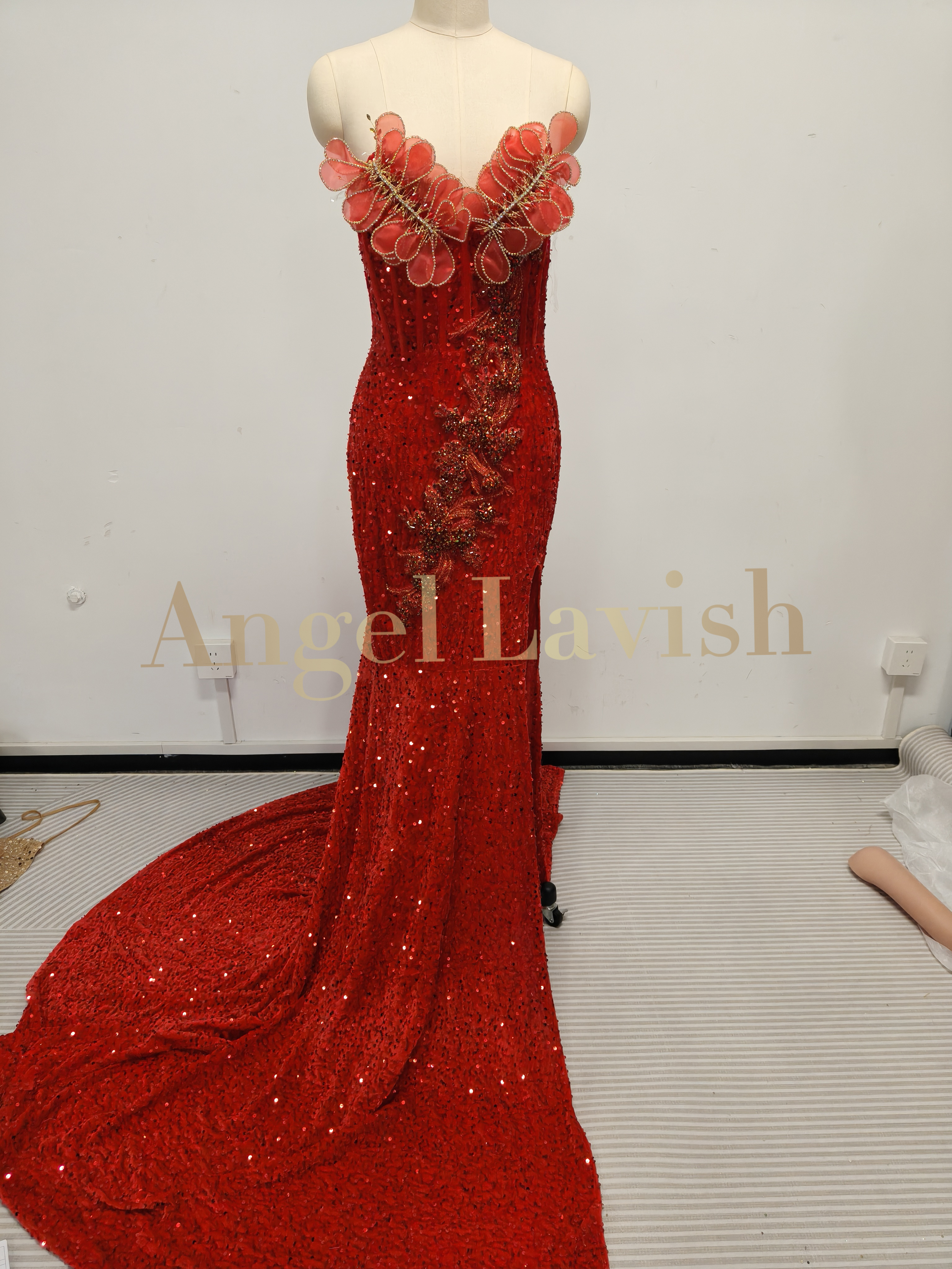 Dazzling Red Sequin Slit Gown