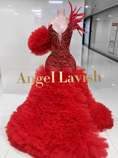 Radiant Red Feather Ball Gown