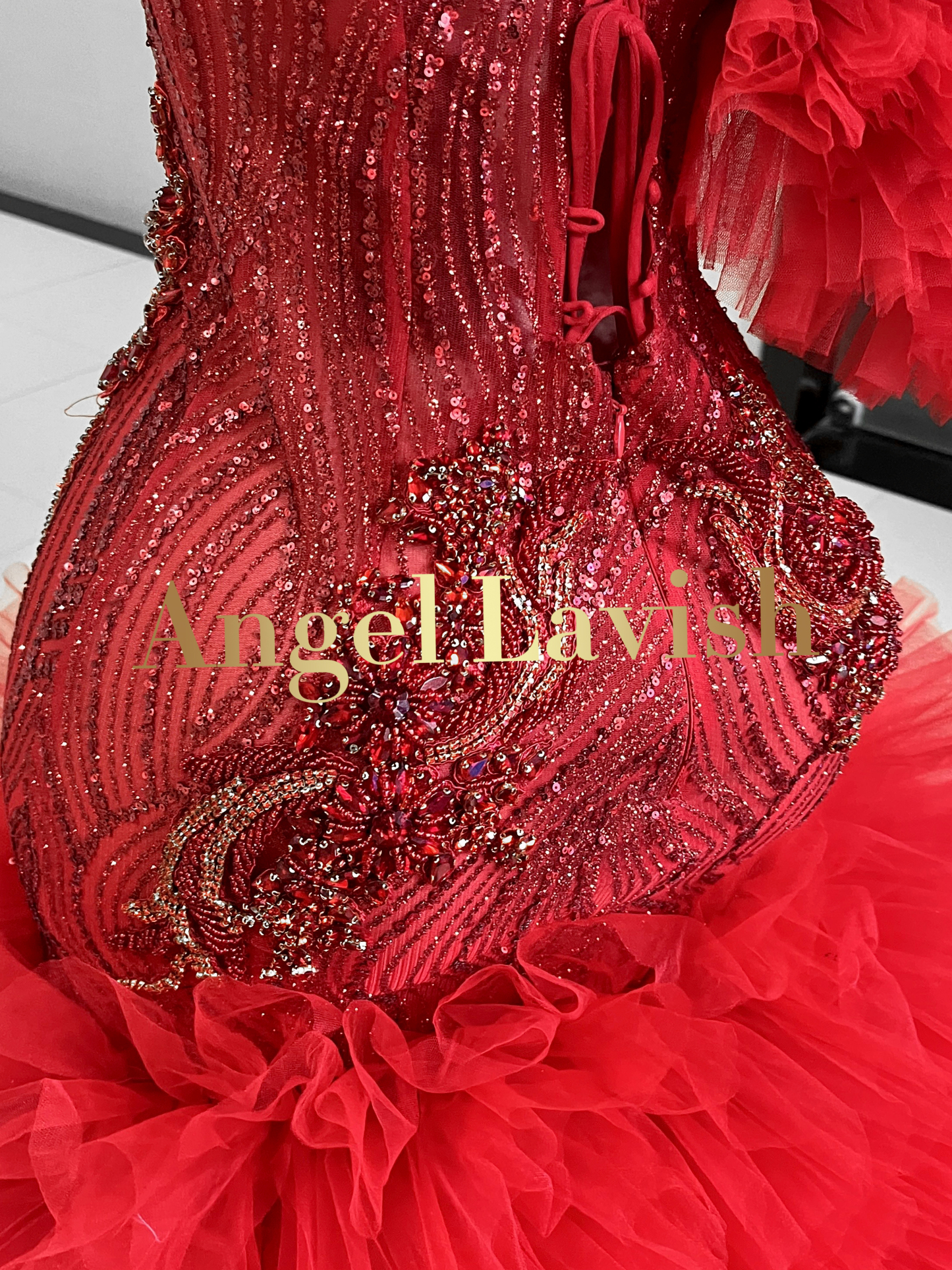 Radiant Red Feather Ball Gown