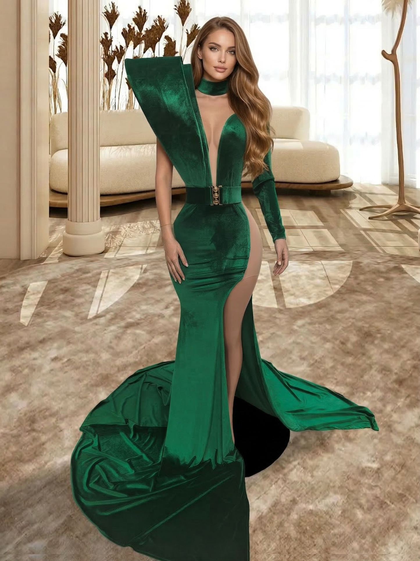 Luxurious Green Velvet Slit Gown TH26010920 | Angellavish