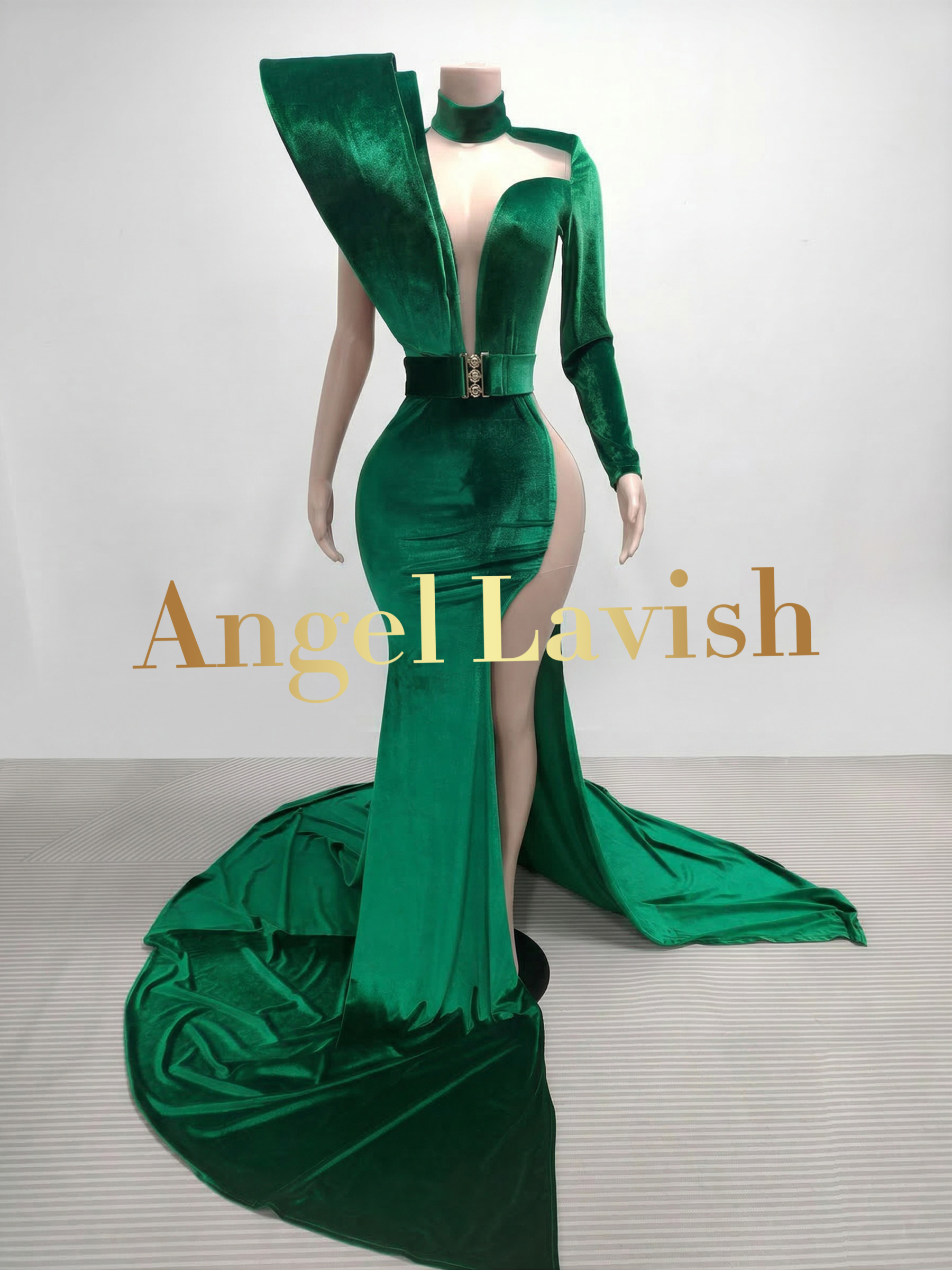 Luxurious Green Velvet Slit Gown